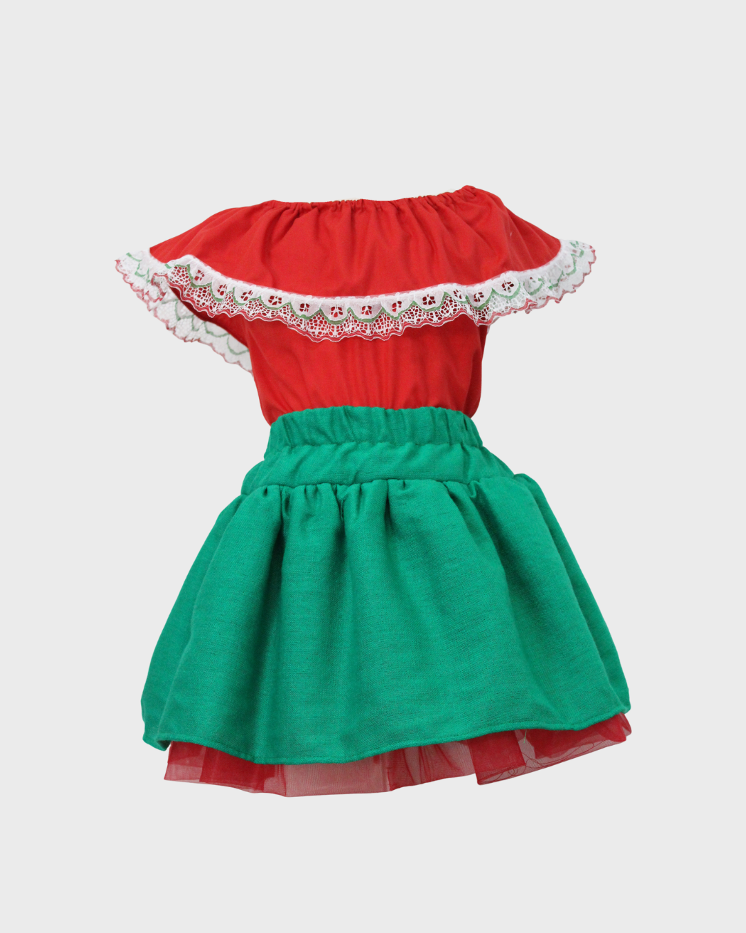 Set Patrio Falda Tipo TuTu Cambaya con Blusa Campesina Roja con Olan Encaje