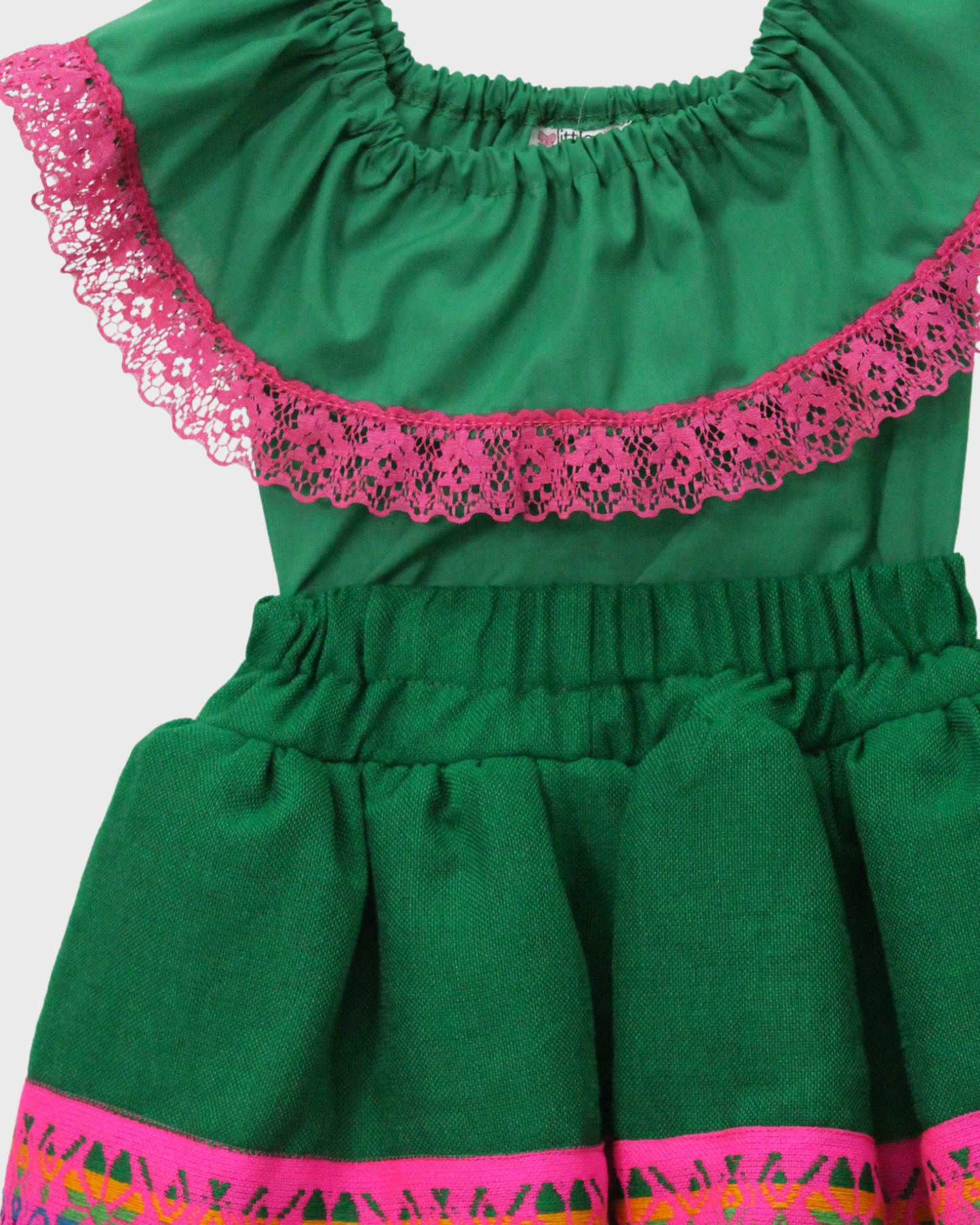 Set Patrio Falda Tipo TuTu Cambaya Naranja y Blusa Campesina verde con olan encaje rosa