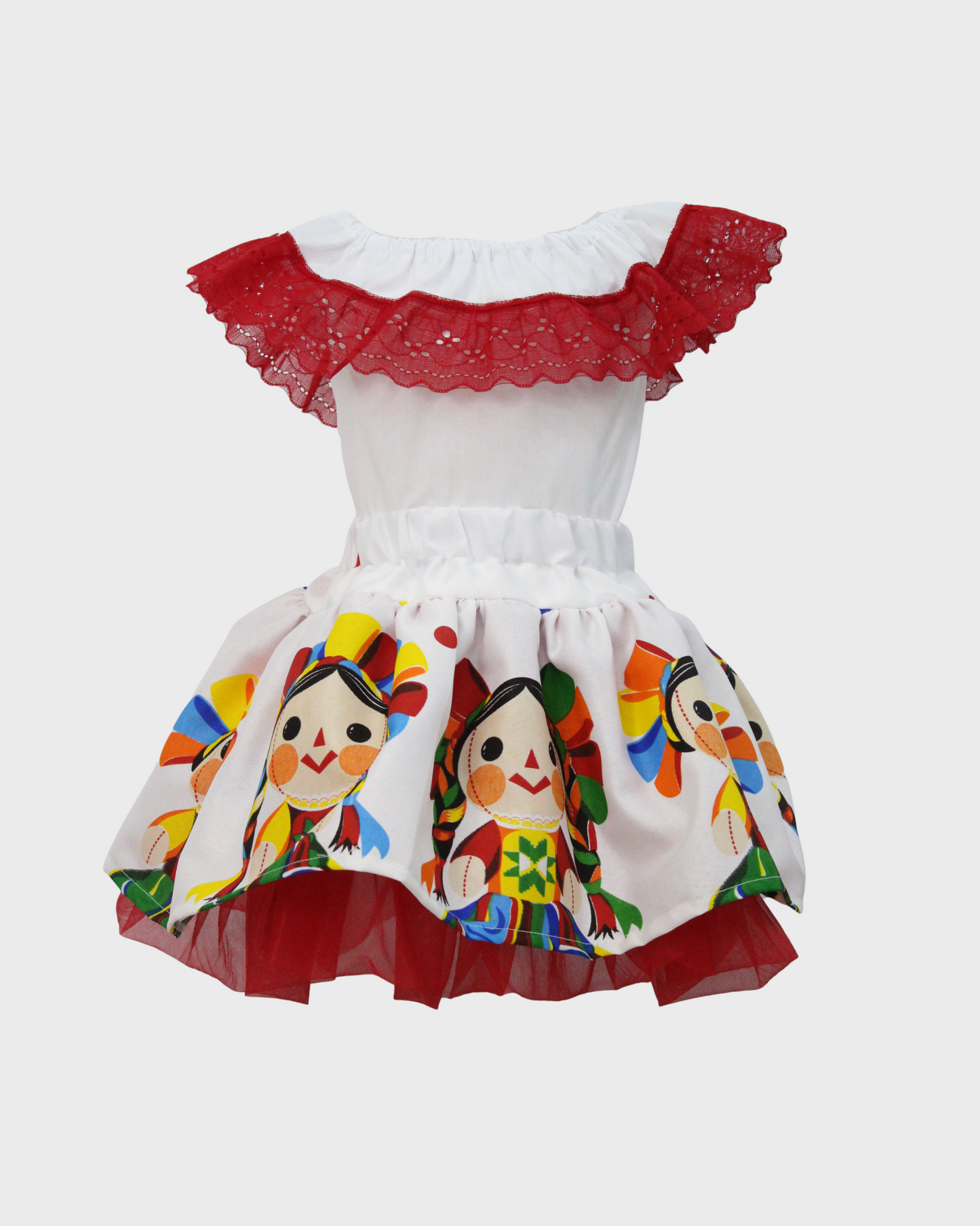 Set Patrio Falda Tipo TuTu Elementos Patrios y Blusa Campesina Blanca con Olan Encaje