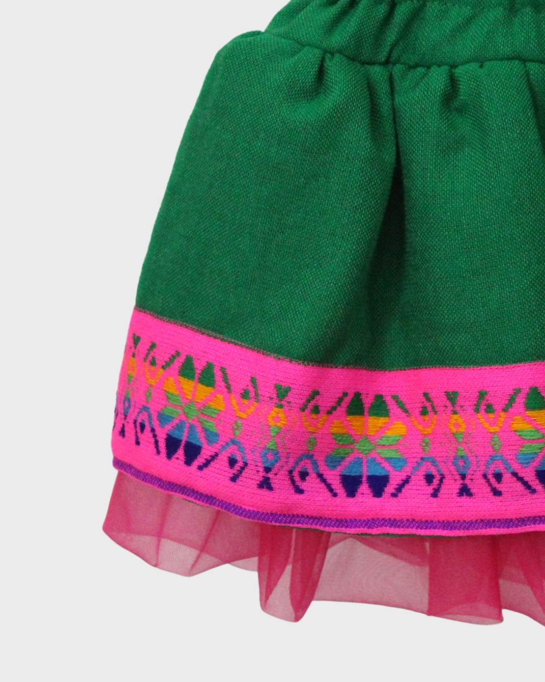 Set Patrio Falda Tipo TuTu Cambaya Naranja y Blusa Campesina verde con olan encaje rosa