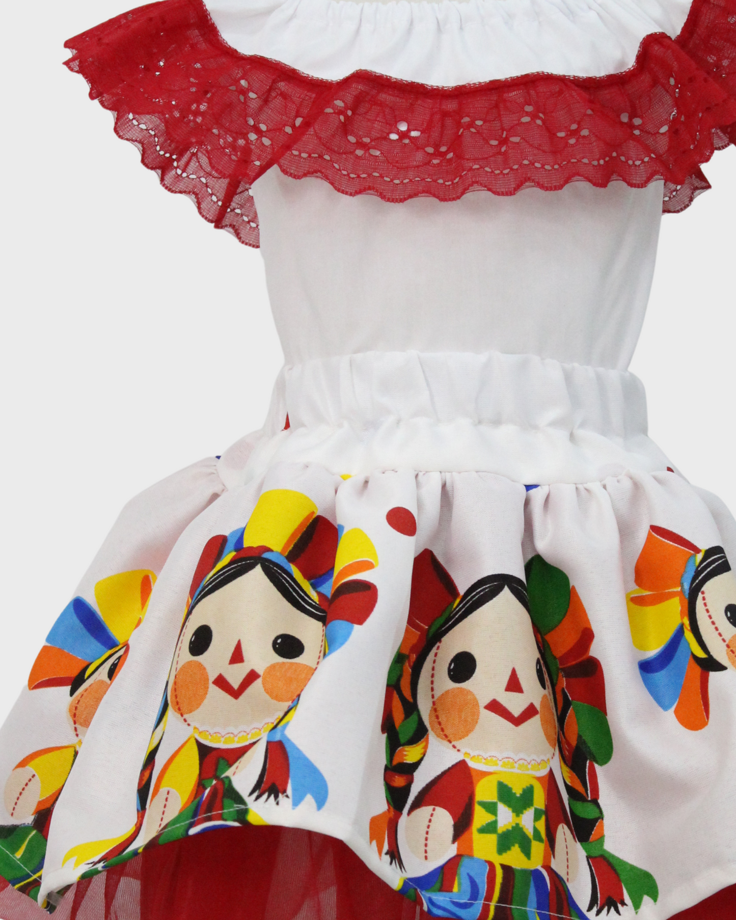 Set Patrio Falda Tipo TuTu Elementos Patrios y Blusa Campesina Blanca con Olan Encaje