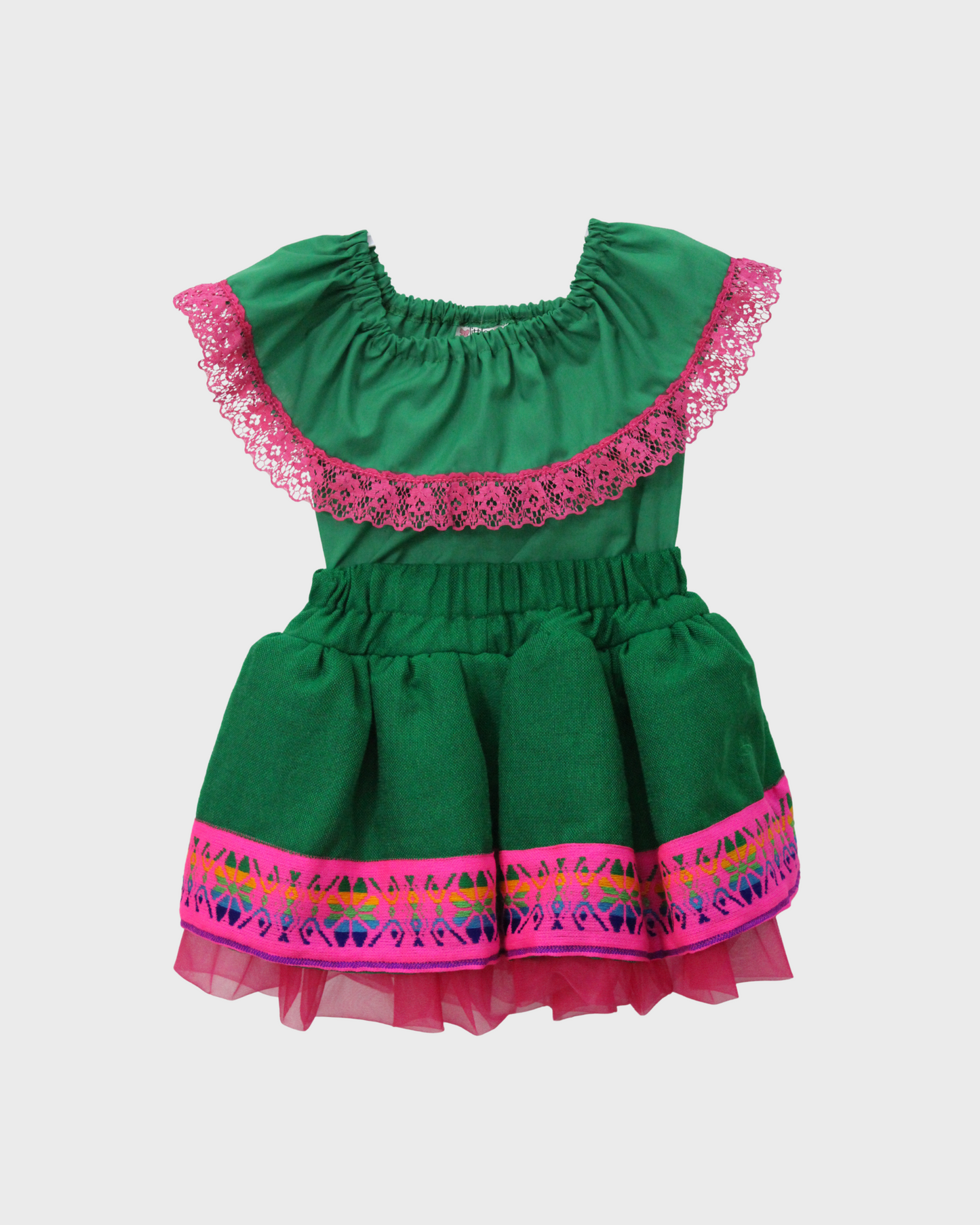 Set Patrio Falda Tipo TuTu Cambaya Naranja y Blusa Campesina verde con olan encaje rosa