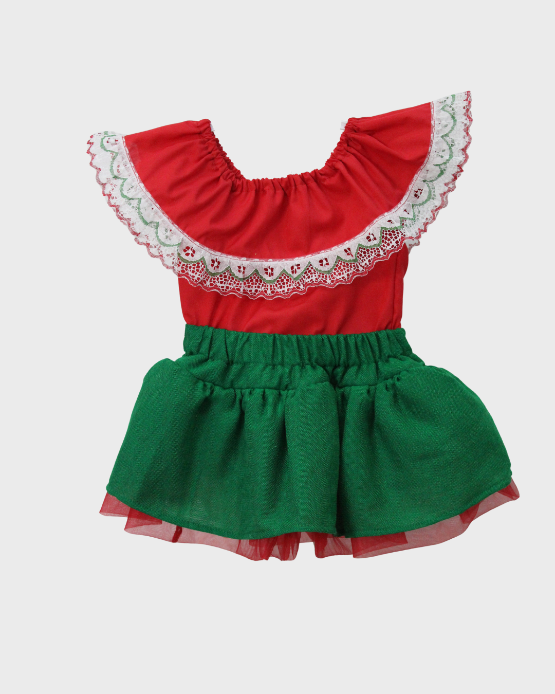 Set Patrio Falda Tipo TuTu Cambaya Naranja y Blusa Campesina roja con olan encaje Blanco