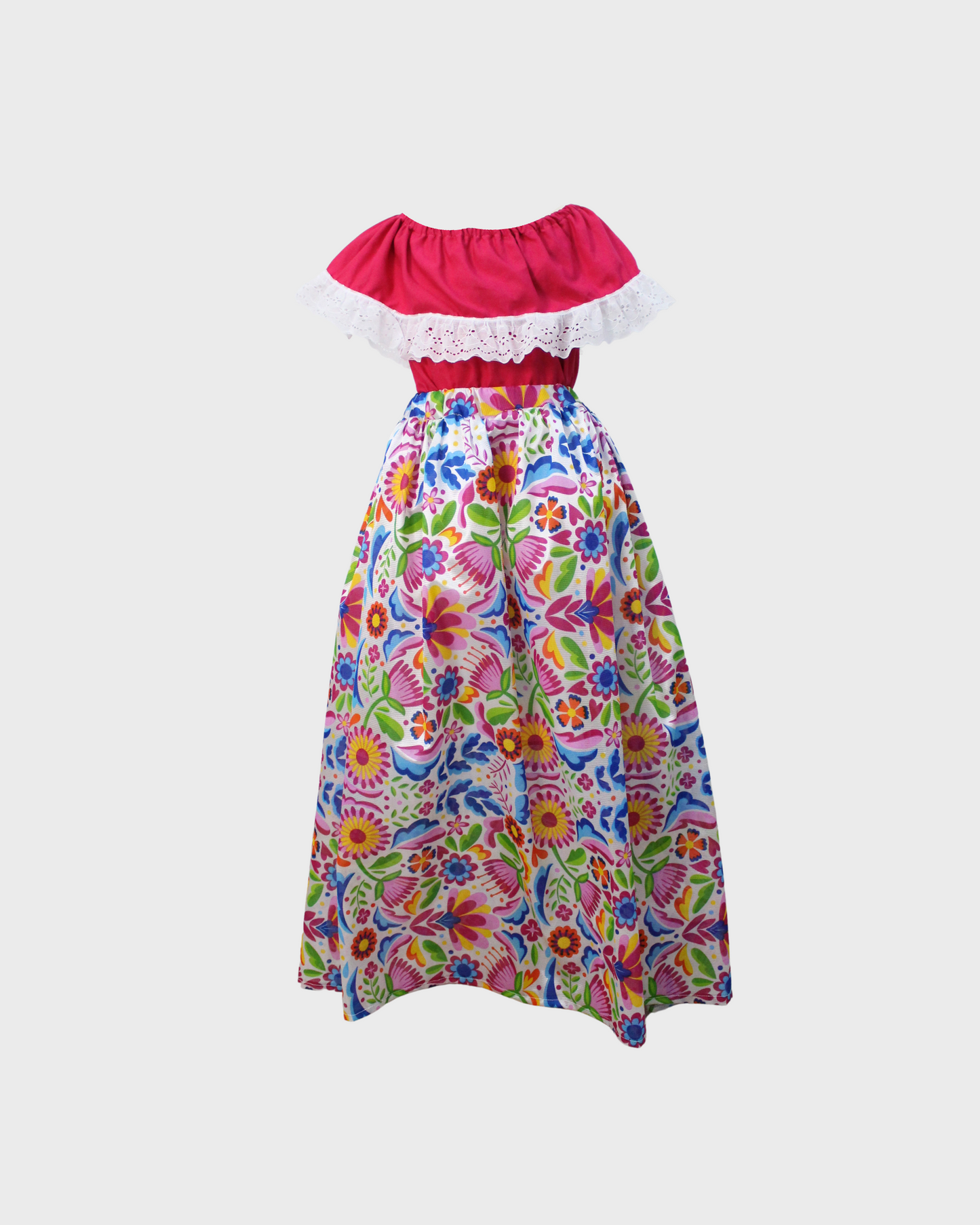 Set Patrio Falda con Elementos Estilo Mexicana y Blusa Campesina color Rosa Encaje Blanco