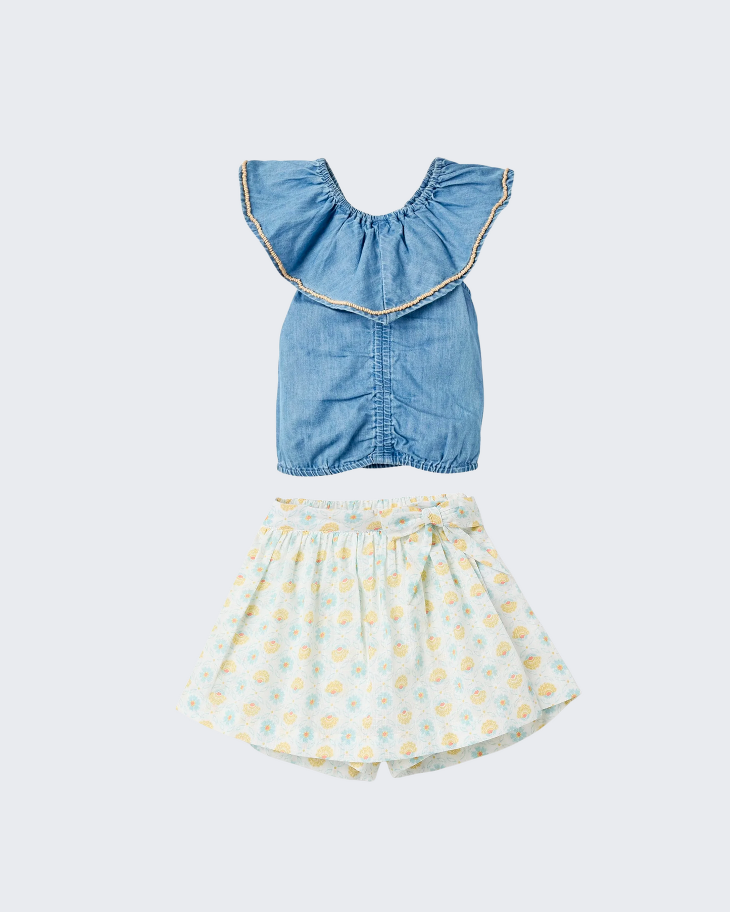 Conjunto blusa denim y falda flores claro