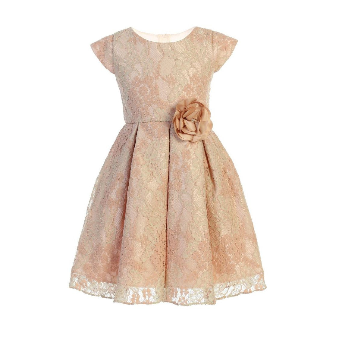 vestido blush guipur con prendedor de flor