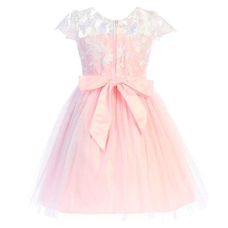 Vestido rosa de talle organza bordada en flores falda de tul