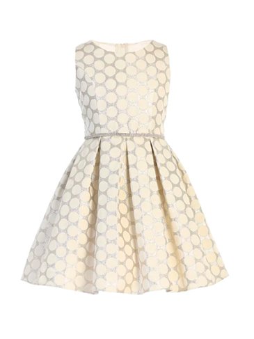 Vestido brocado estampado bolas plata ivory con cinto de cristal