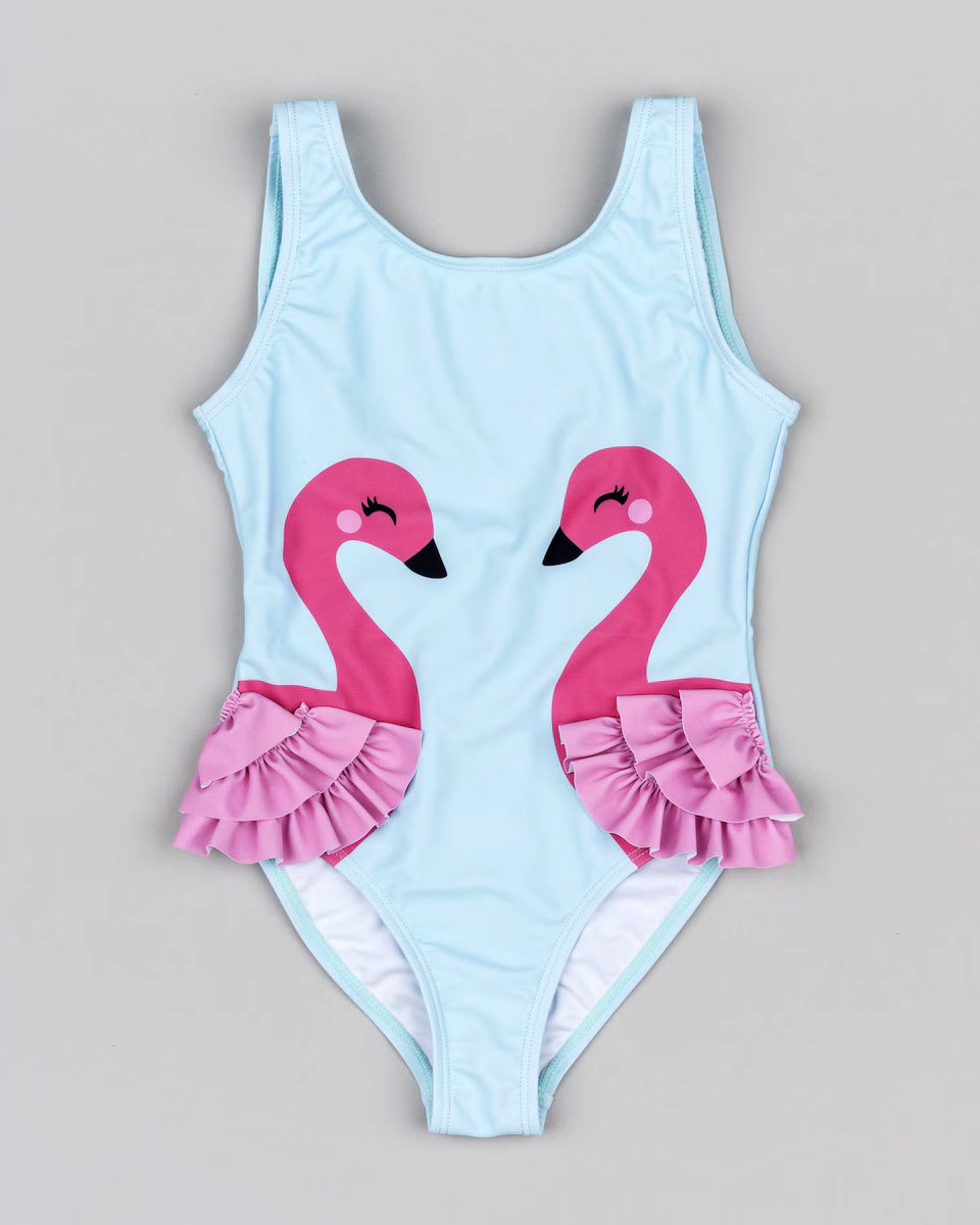 traje de baño azul con flamingos