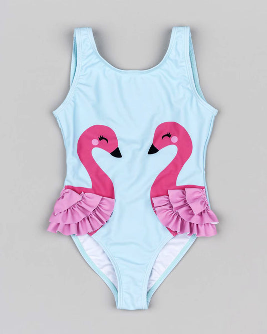 traje de baño azul con flamingos