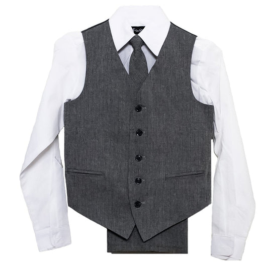 traje a rayas con corbata y chaleco