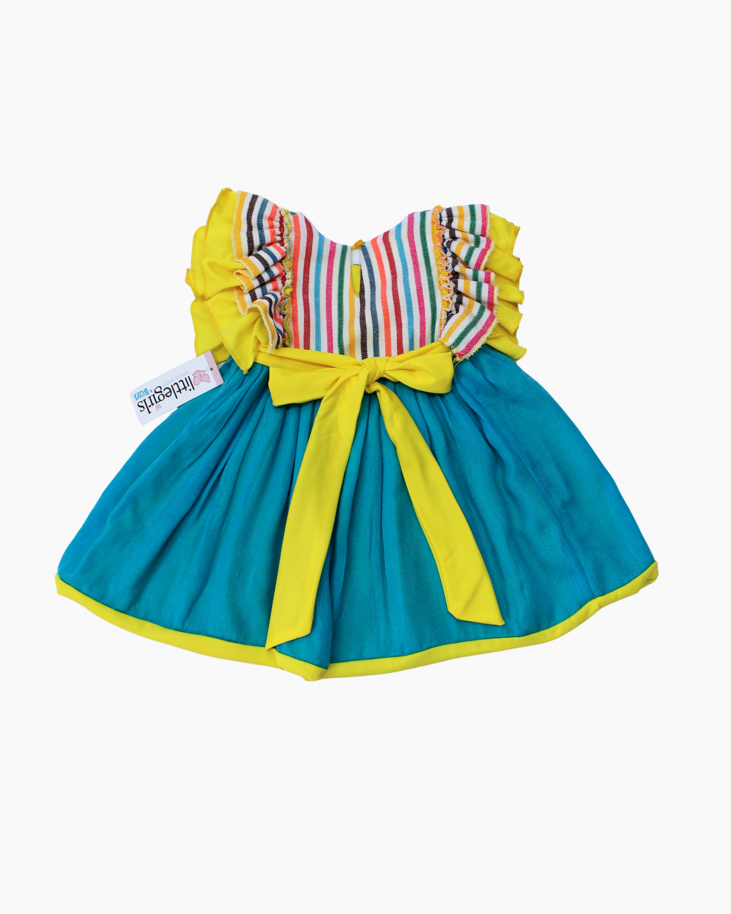 vestido patrio cambaya azul con peto a rayas colores y manga rufle