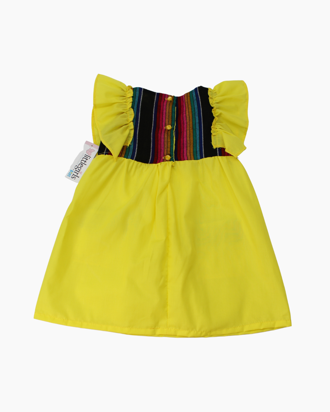 vestido patrio popelina amarillo con peto a rayas colores negro rosa
