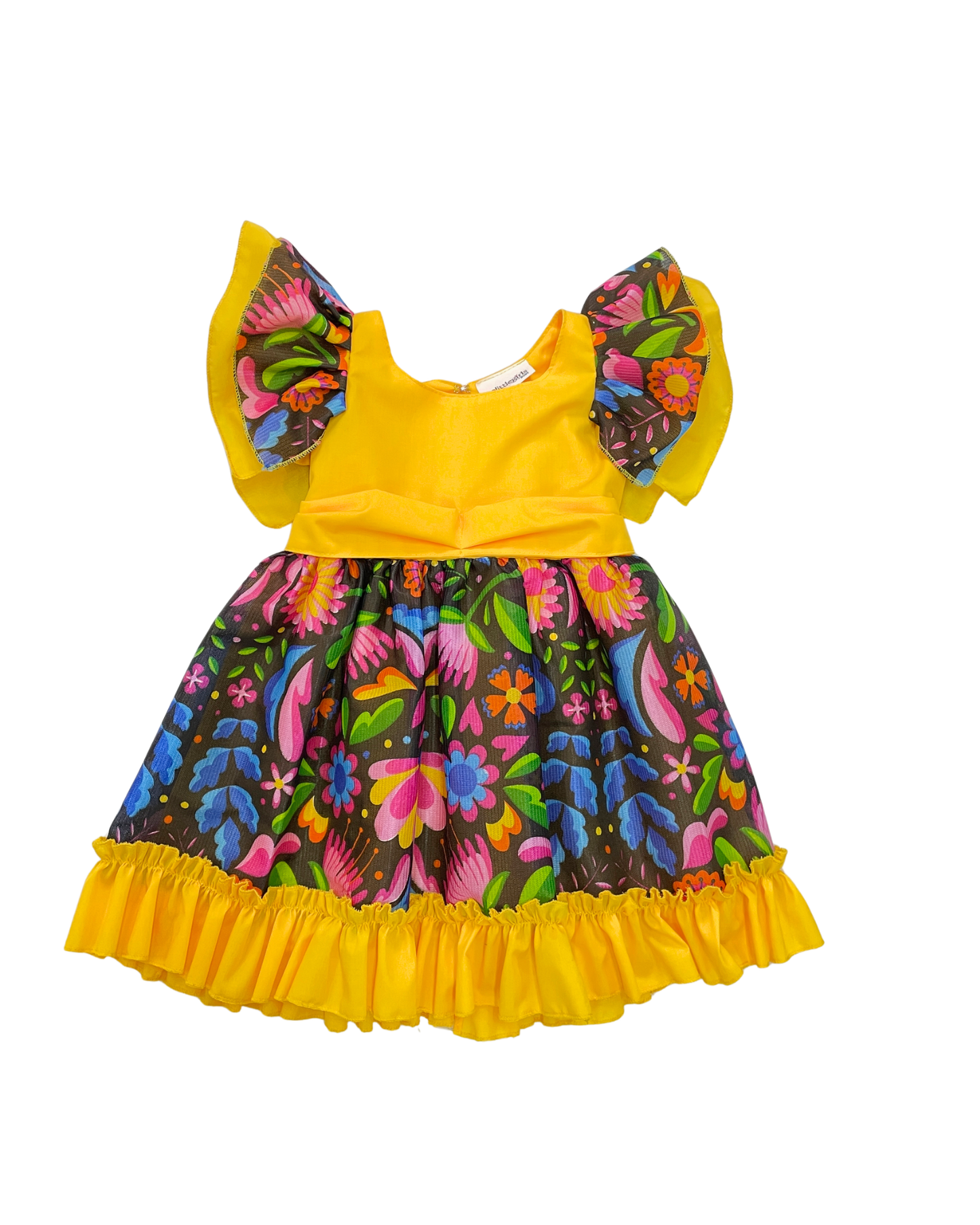 VESTIDO ADELITA TIPICO PATRIO ELEGANTE PETO AMARILLO CANARIO, FALDA NEGRA FLORES