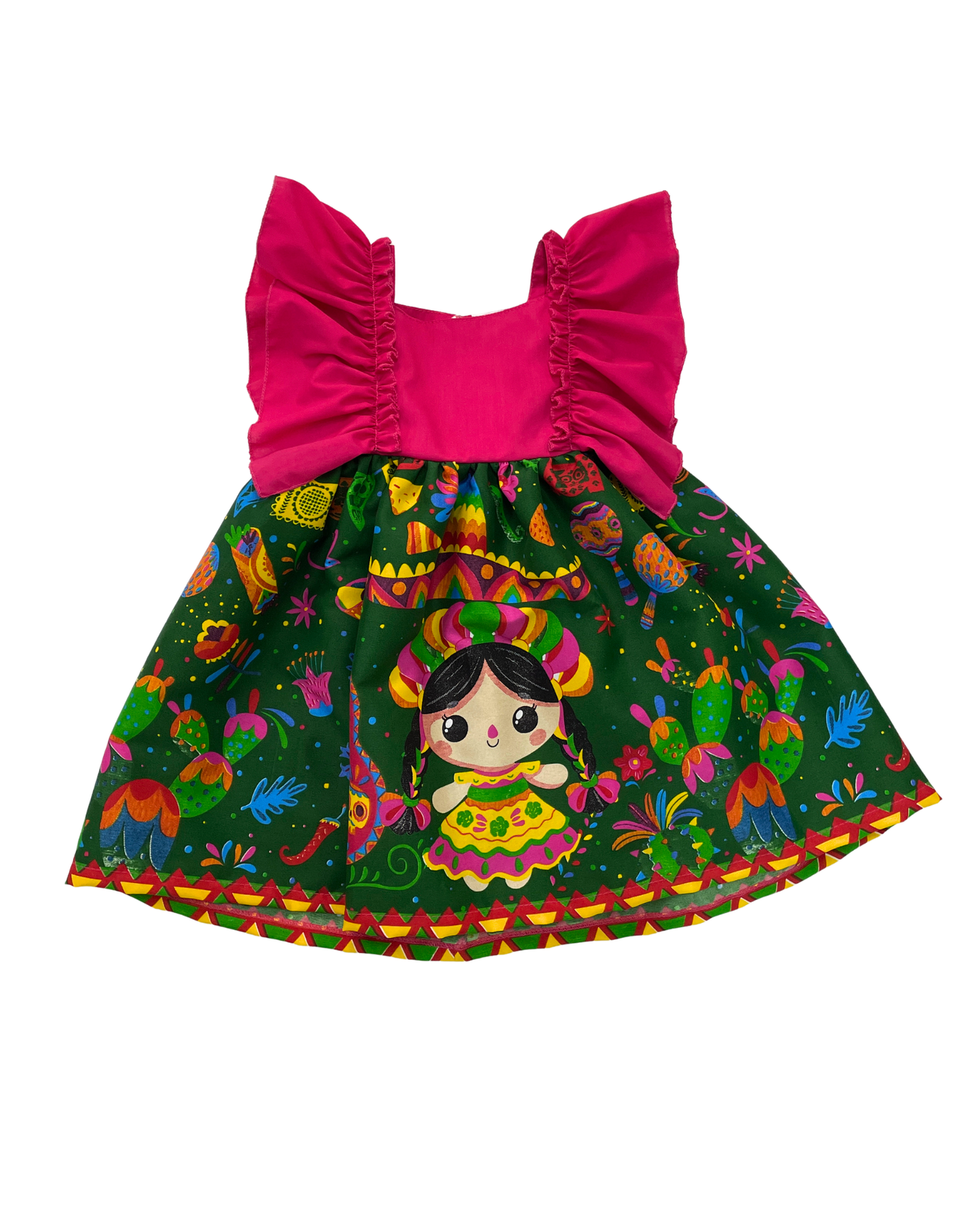 VESTIDO ADELITA TIPICO PATRIO ELEGANTE PETO ROSA, FALDA VERDE MUÑECAS