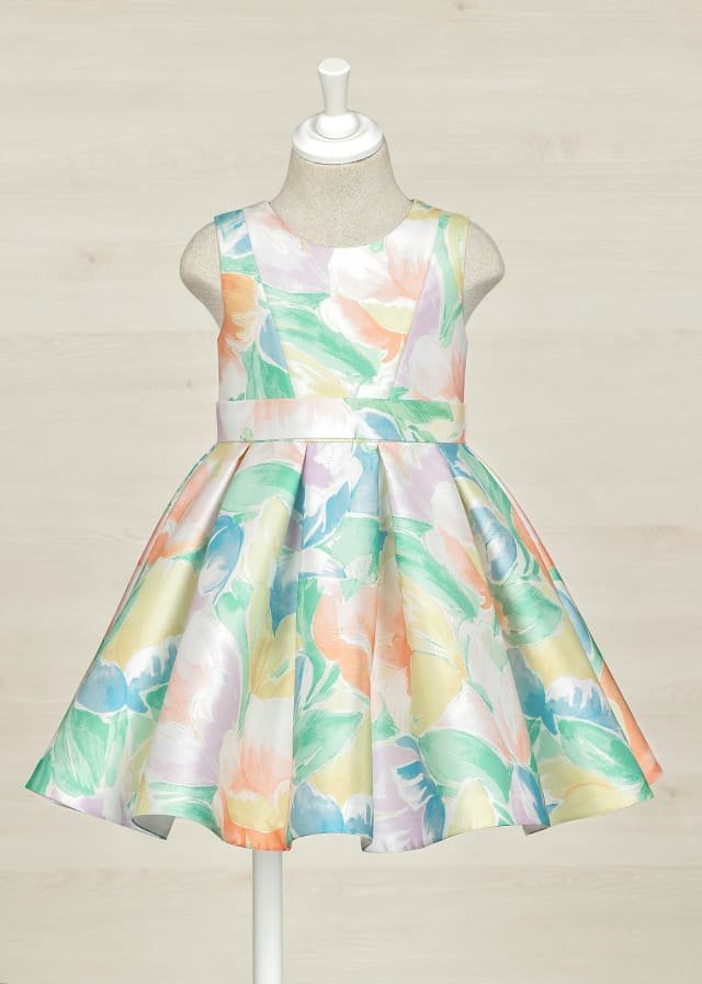vestido de mikado con estampado floral con lazo trasero para niña.