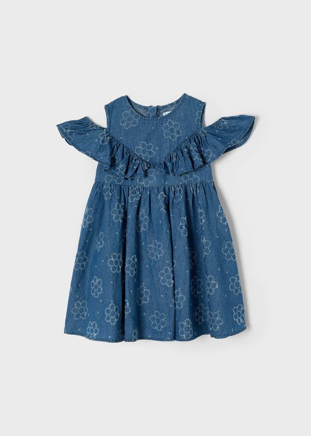 vestido denim perforado manga ruffle