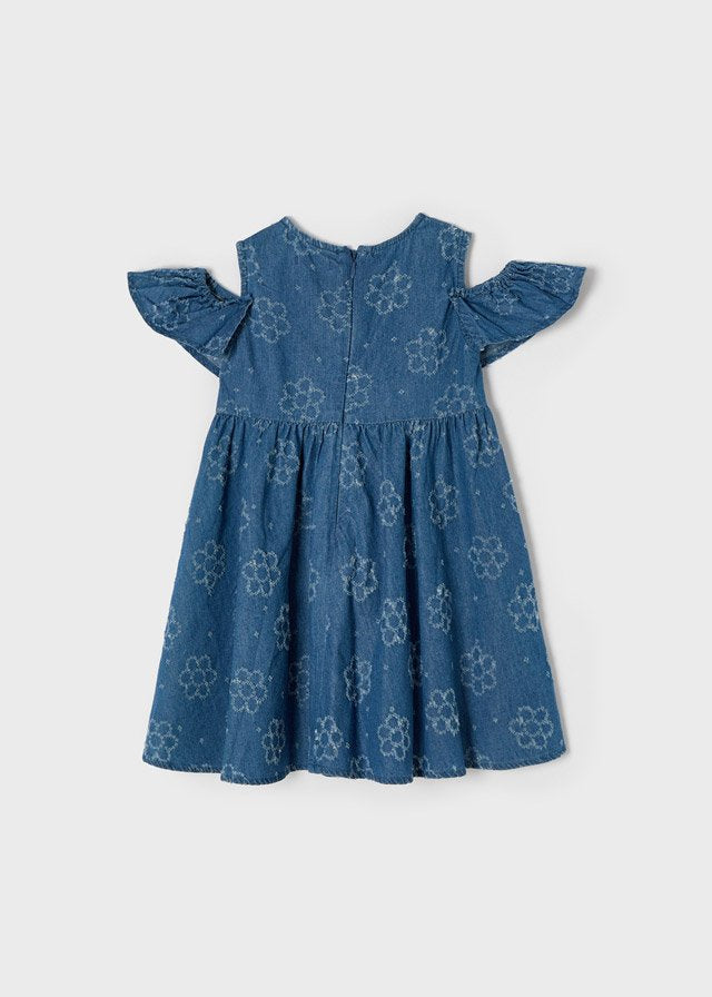 vestido denim perforado manga ruffle