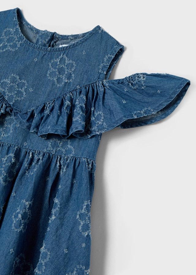 vestido denim perforado manga ruffle