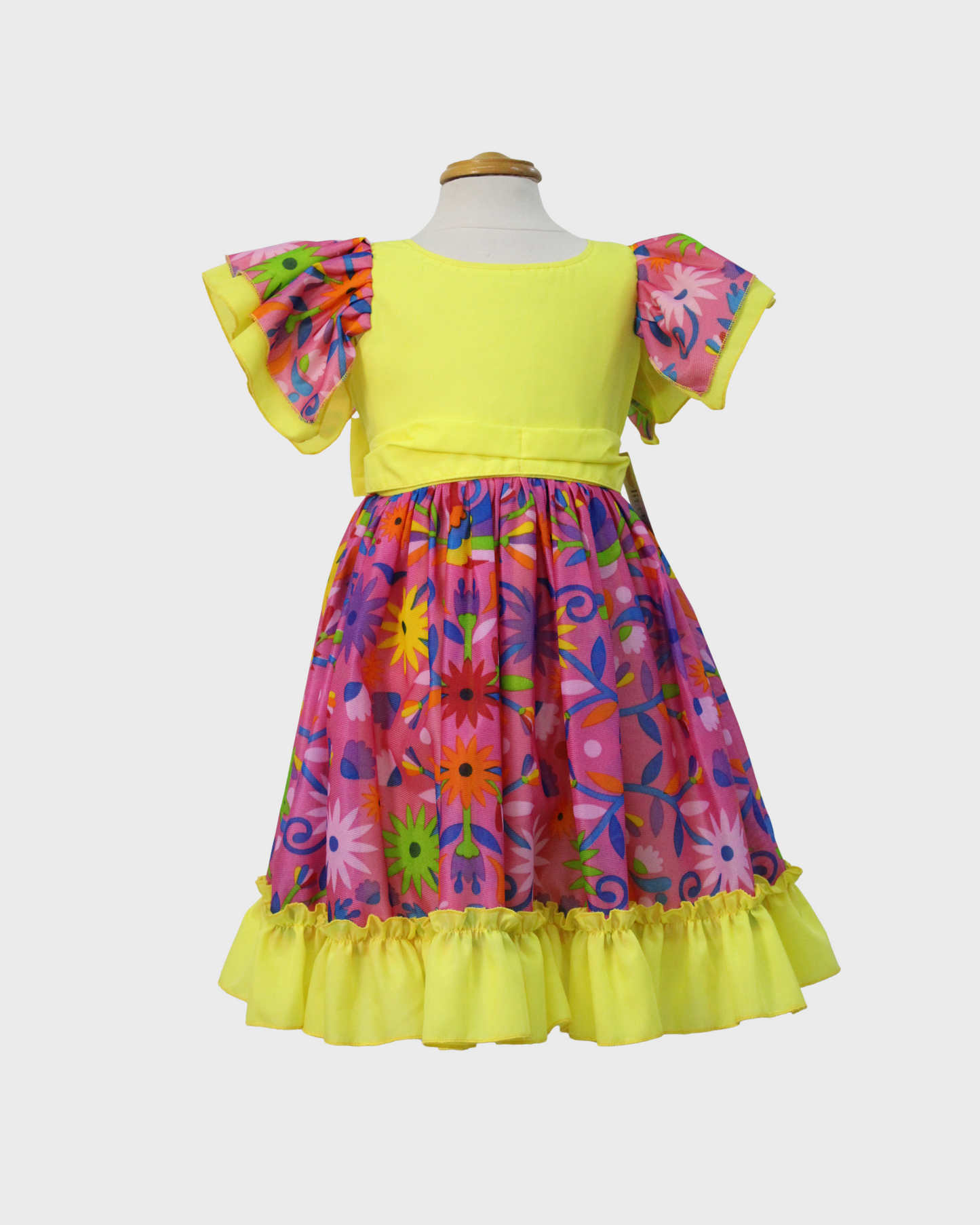 vestido adelita, patrio manga escarola. peto amarillo