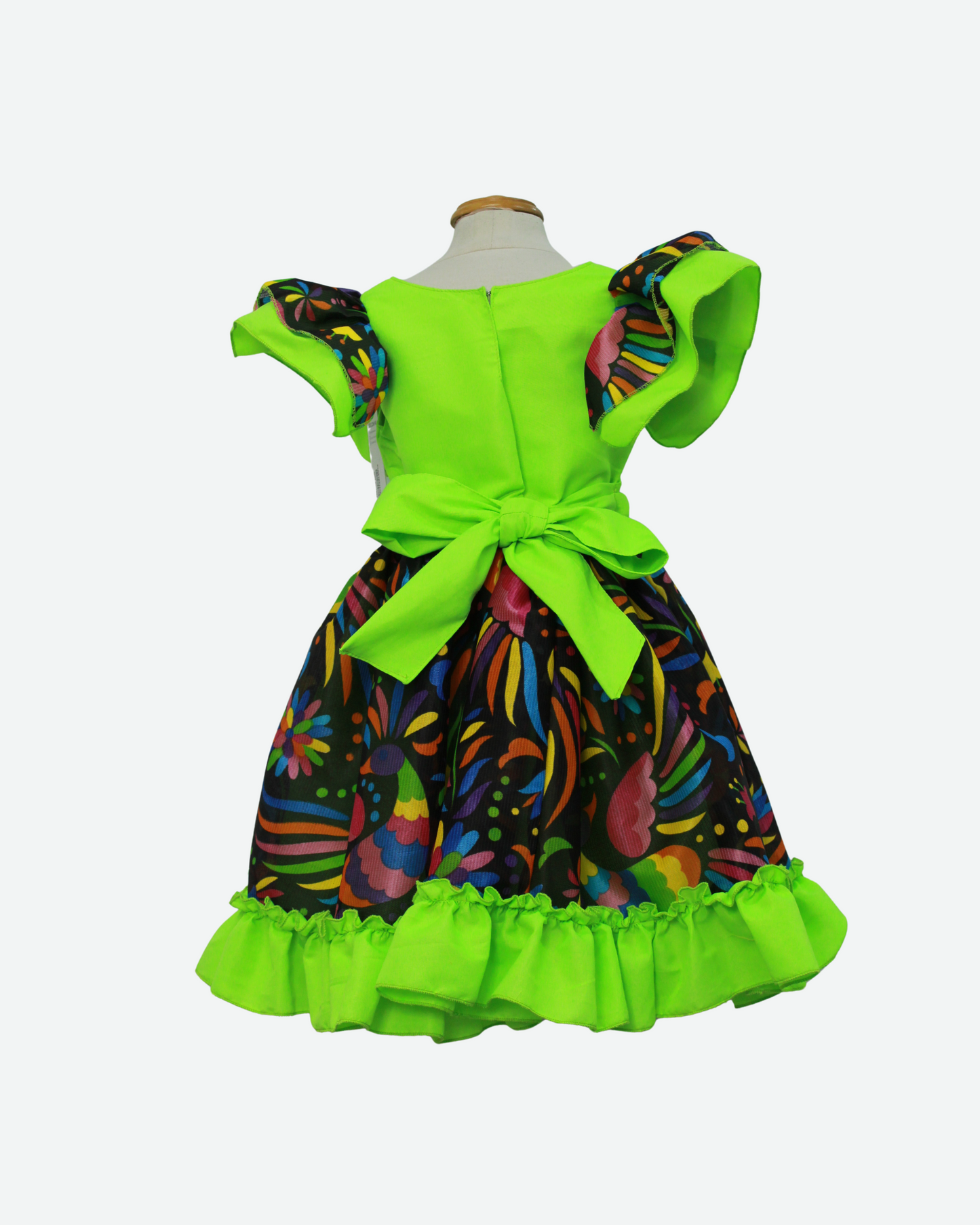 vestido adelita, patrio manga escarola. peto verde limón