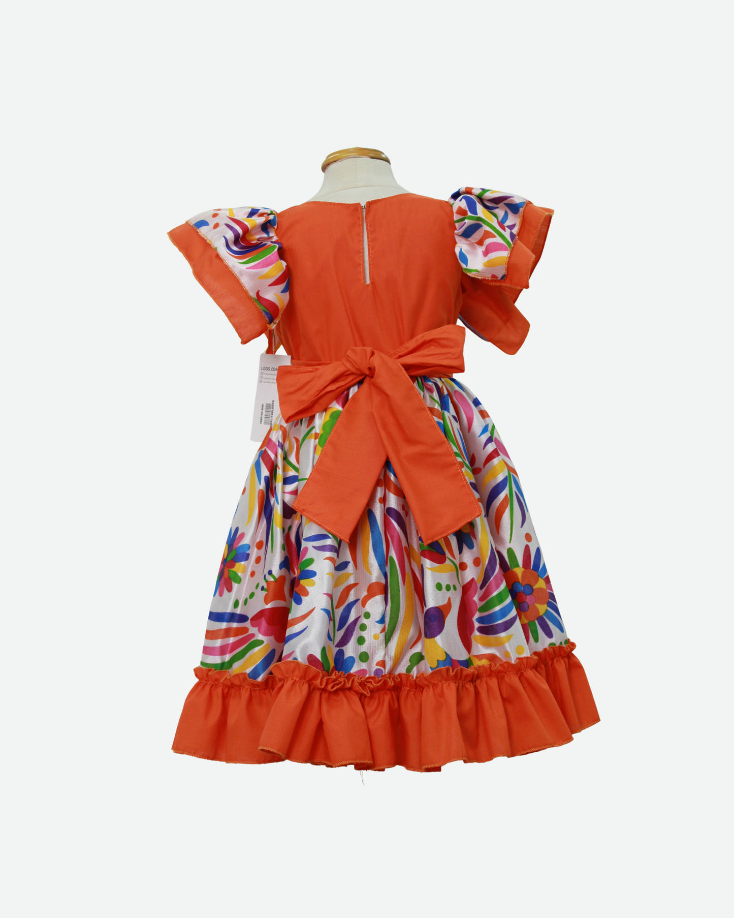 vestido adelita, patrio manga escarola. peto naranja