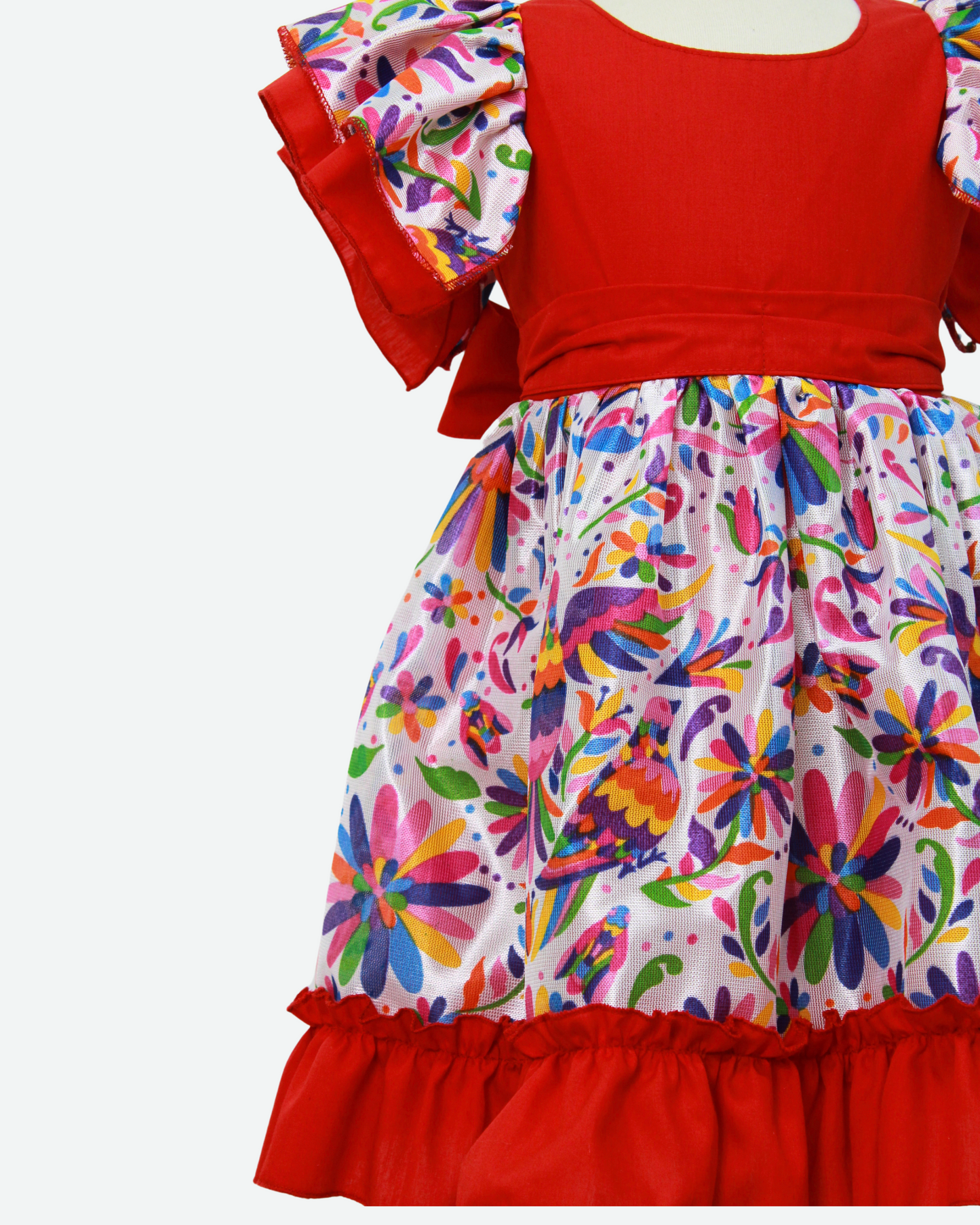 vestido adelita, patrio manga escarola. peto rojo bandera