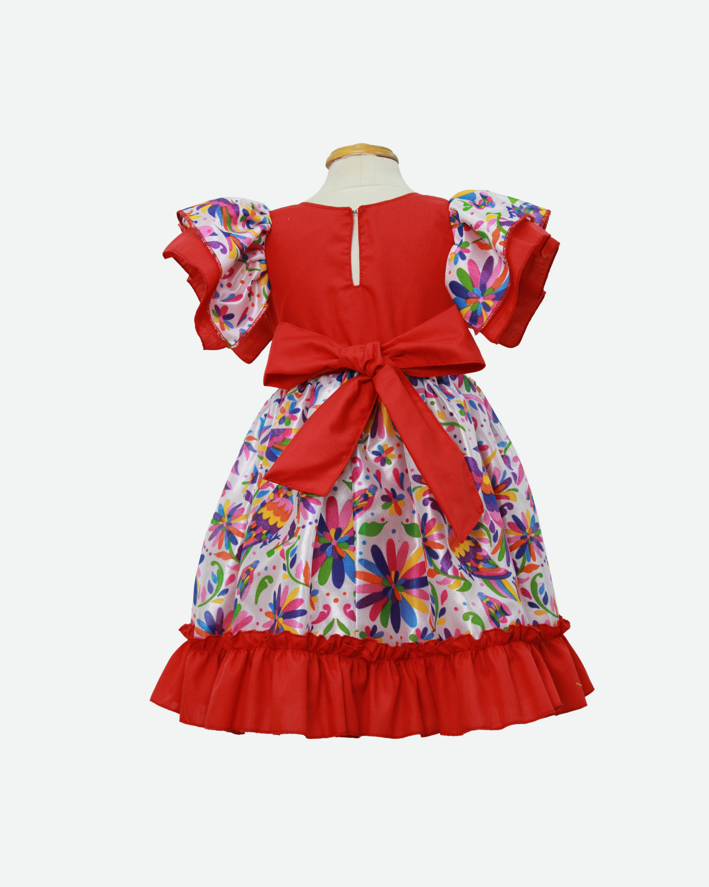 vestido adelita, patrio manga escarola. peto rojo bandera
