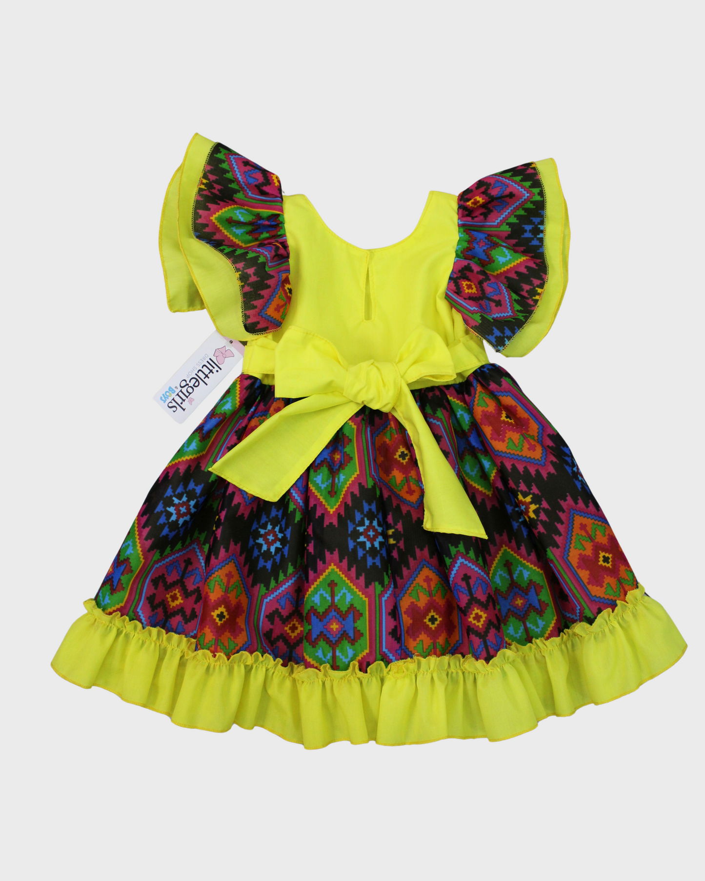 vestido adelita, patrio manga escarola. petoamarillo, tela geometrica