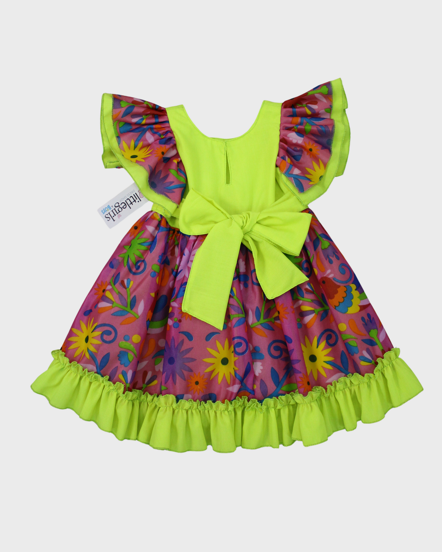vestido adelita, patrio manga escarola. peto fluorescente amarillo, tela floreada