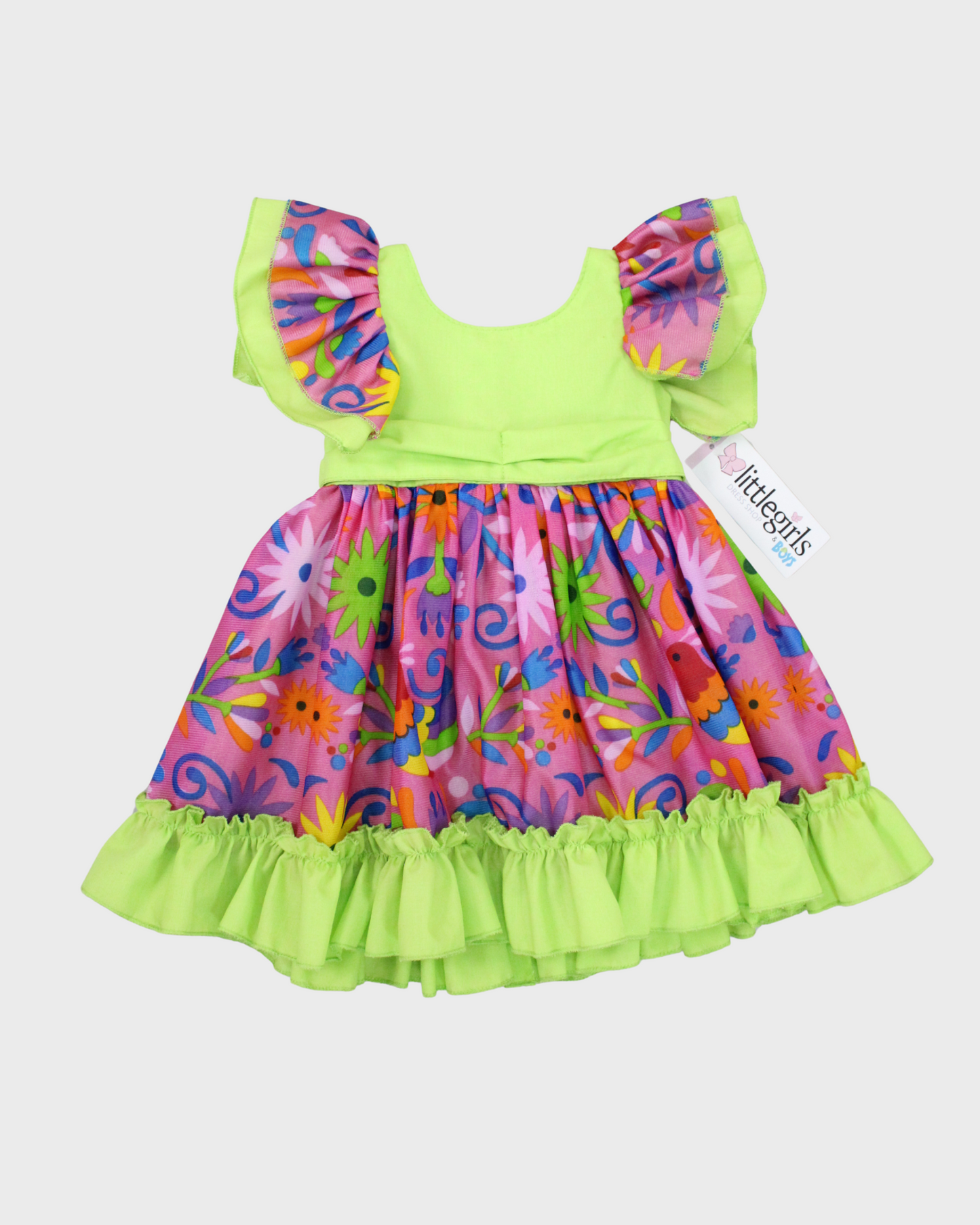 vestido adelita, patrio manga escarola. peto color verde, tela floreada