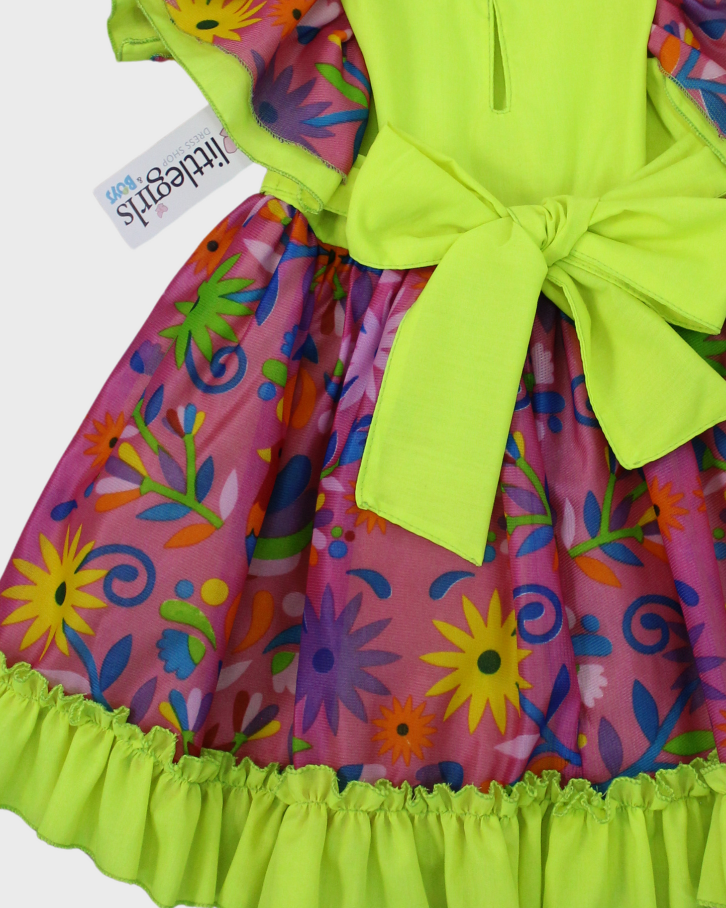 vestido adelita, patrio manga escarola. peto fluorescente amarillo, tela floreada