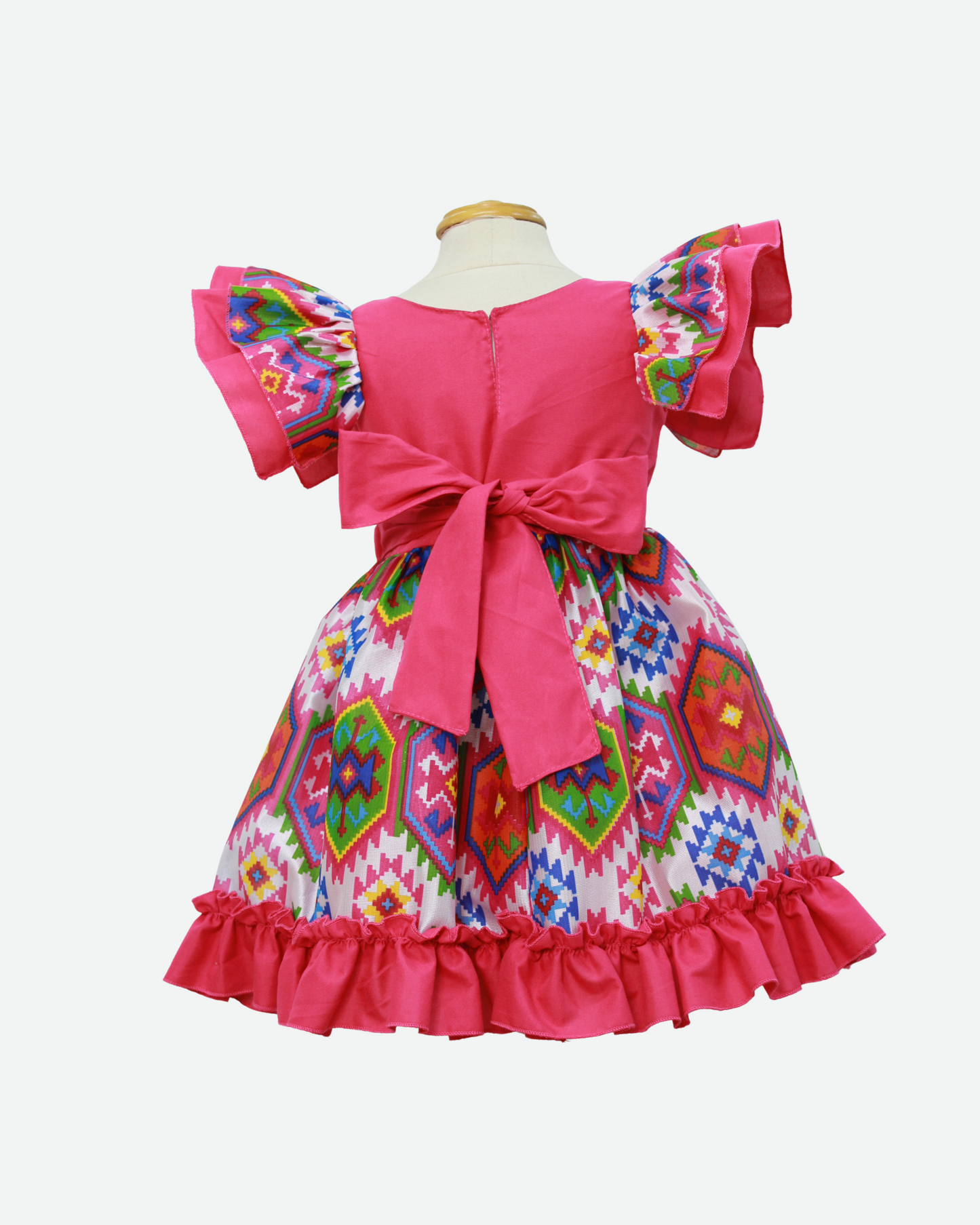 vestido adelita, patrio manga escarola. peto rosa