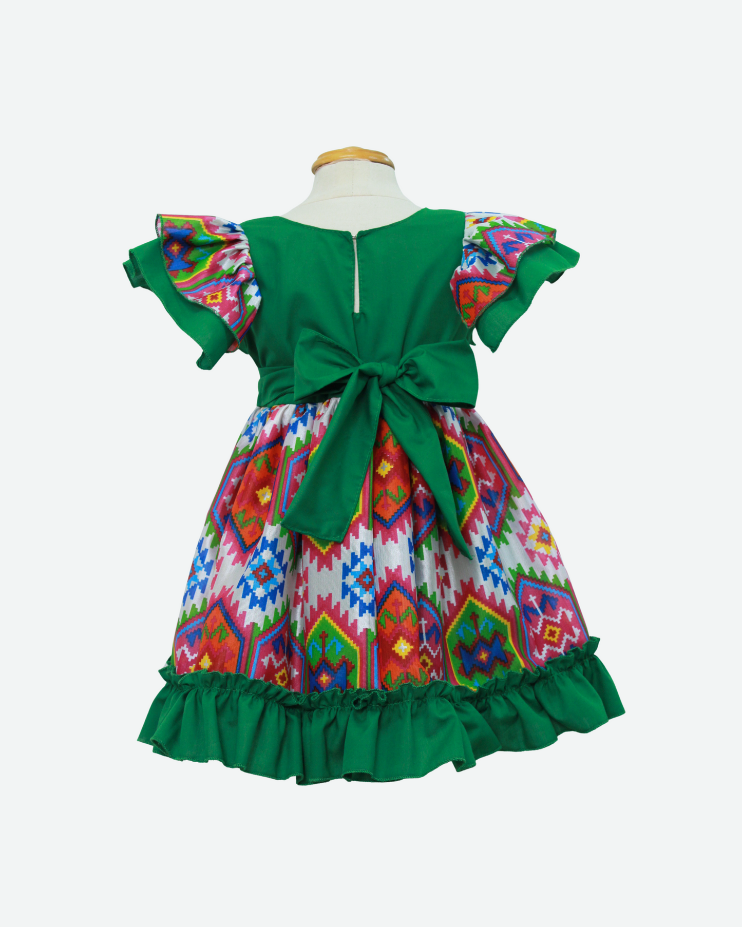 vestido adelita, patrio manga escarola. peto verde, tela cuadros