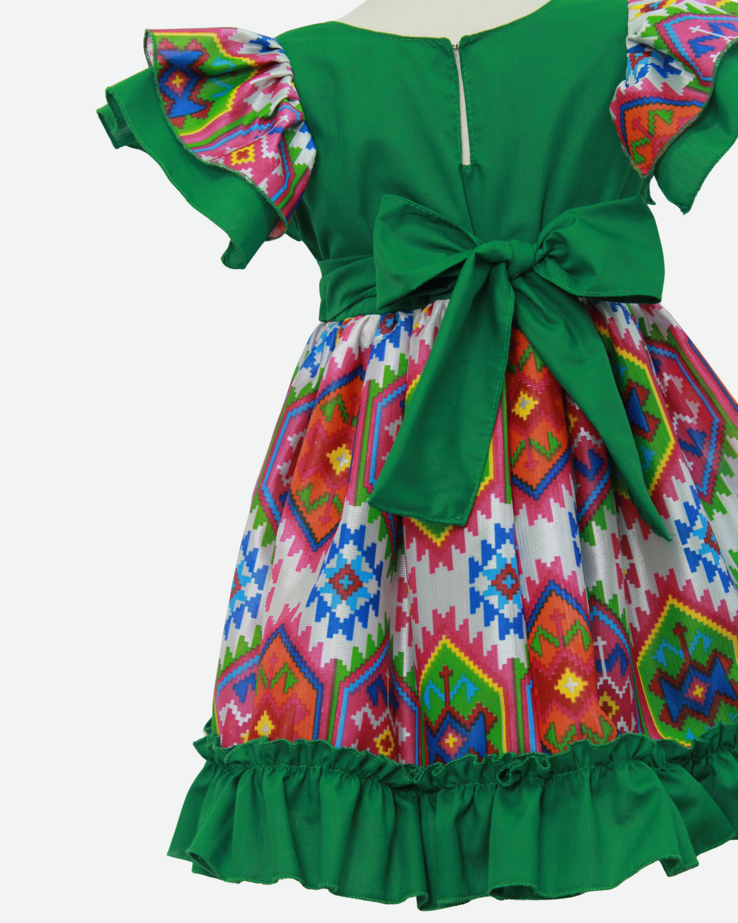 vestido adelita, patrio manga escarola. peto verde, tela cuadros