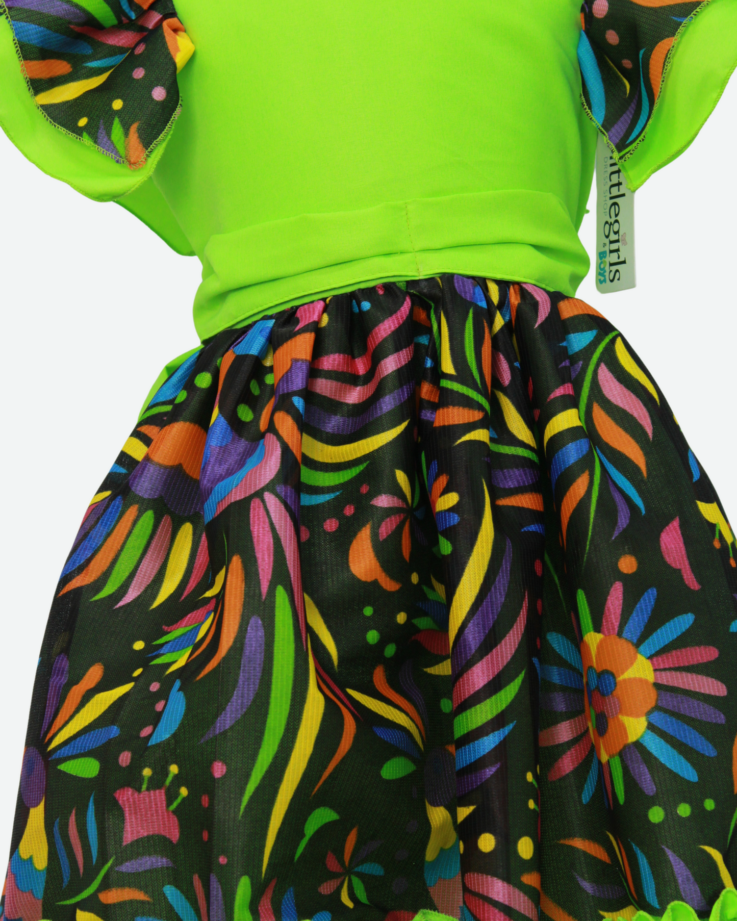 vestido adelita, patrio manga escarola. peto verde limón