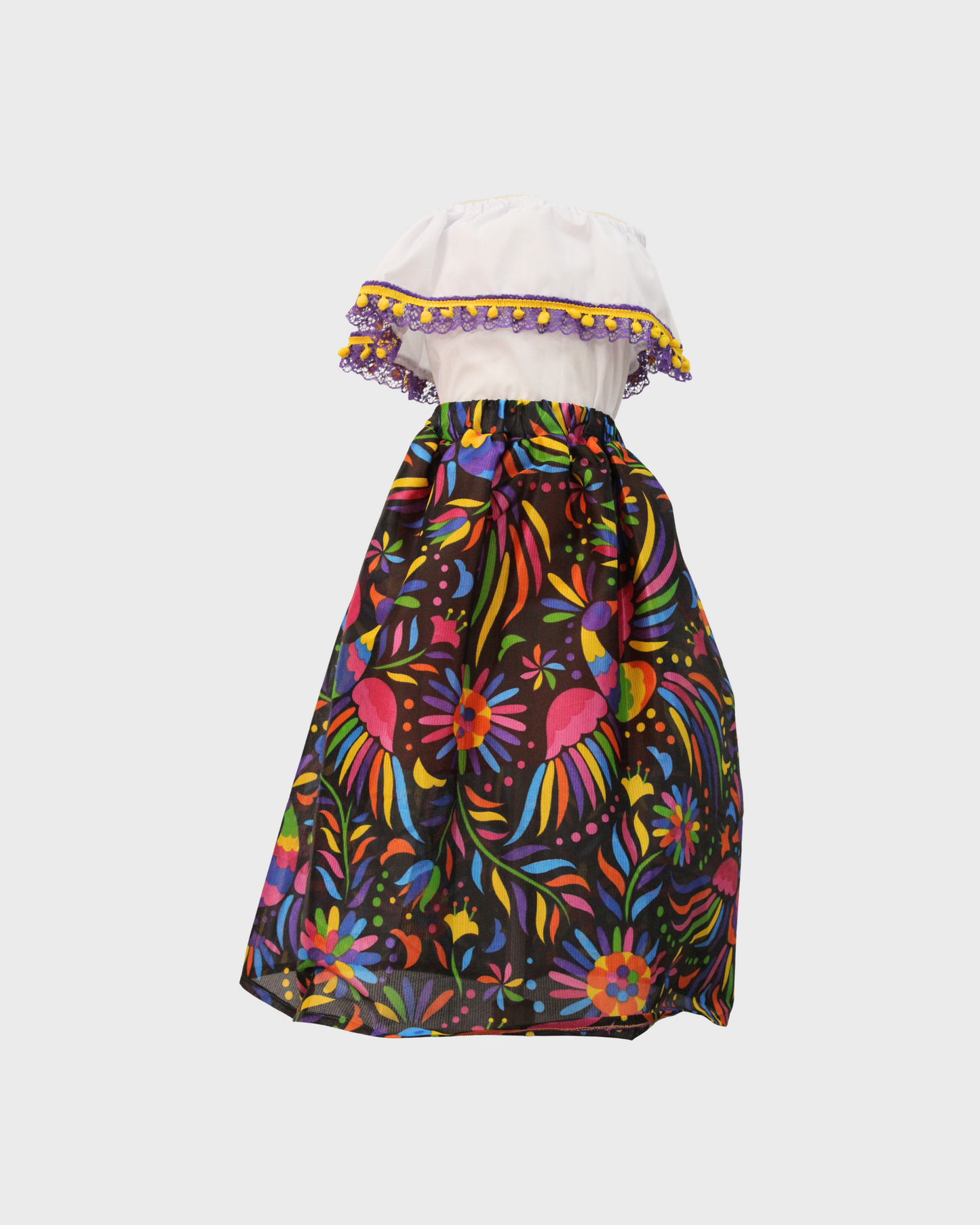 Set Patrio Falda Adelita Elementos Patrios, Blusa Campesina Blanca con Pompones y Encaje