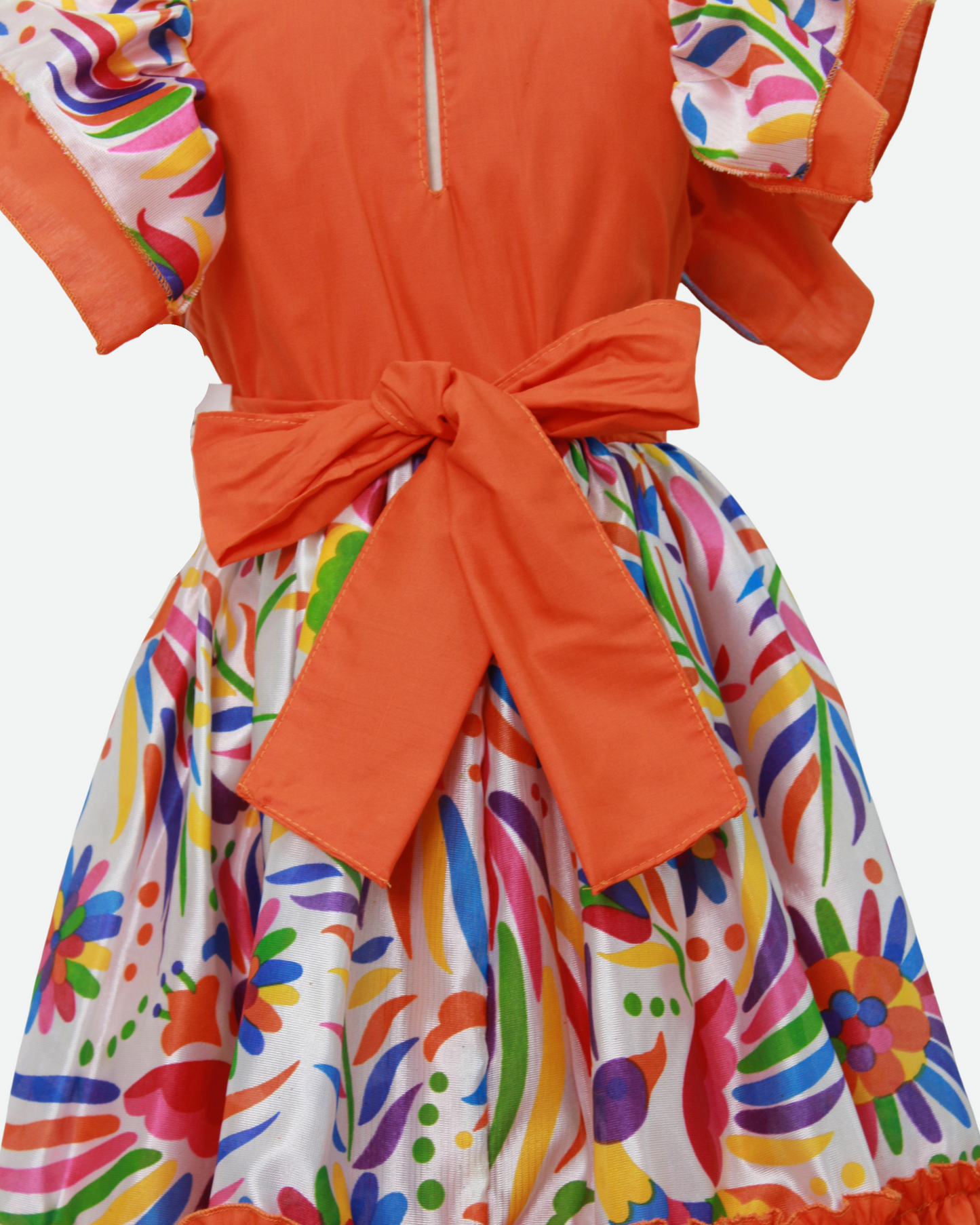 vestido adelita, patrio manga escarola. peto naranja