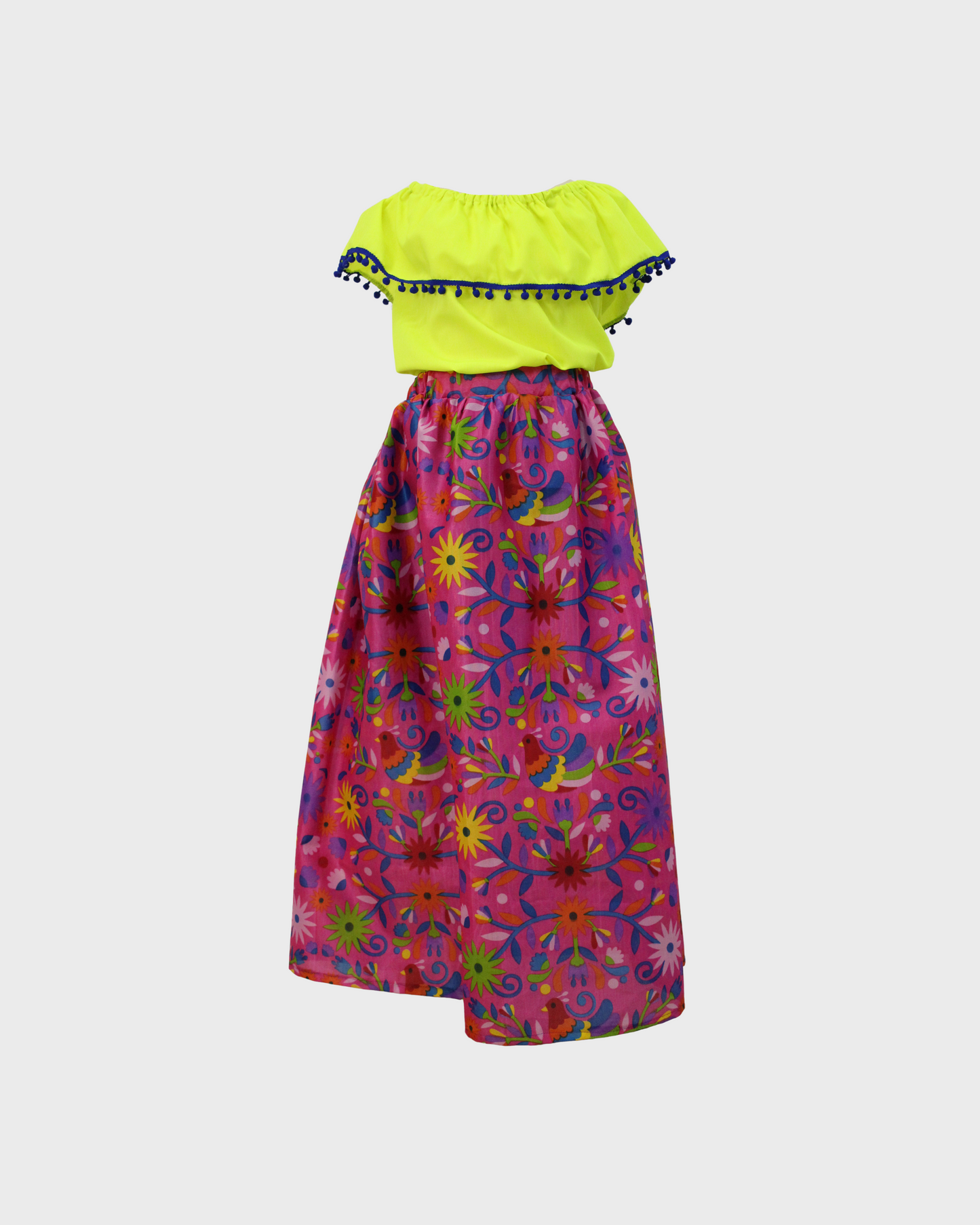 Set Patrio Falda Estampado Estilo Mexicana y Blusa Campesina color Amarillo fluorescente