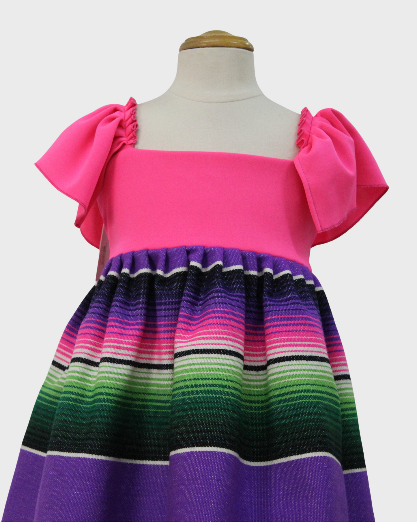 vestido patrio manga olan, tela saltillo peto rosa florescente