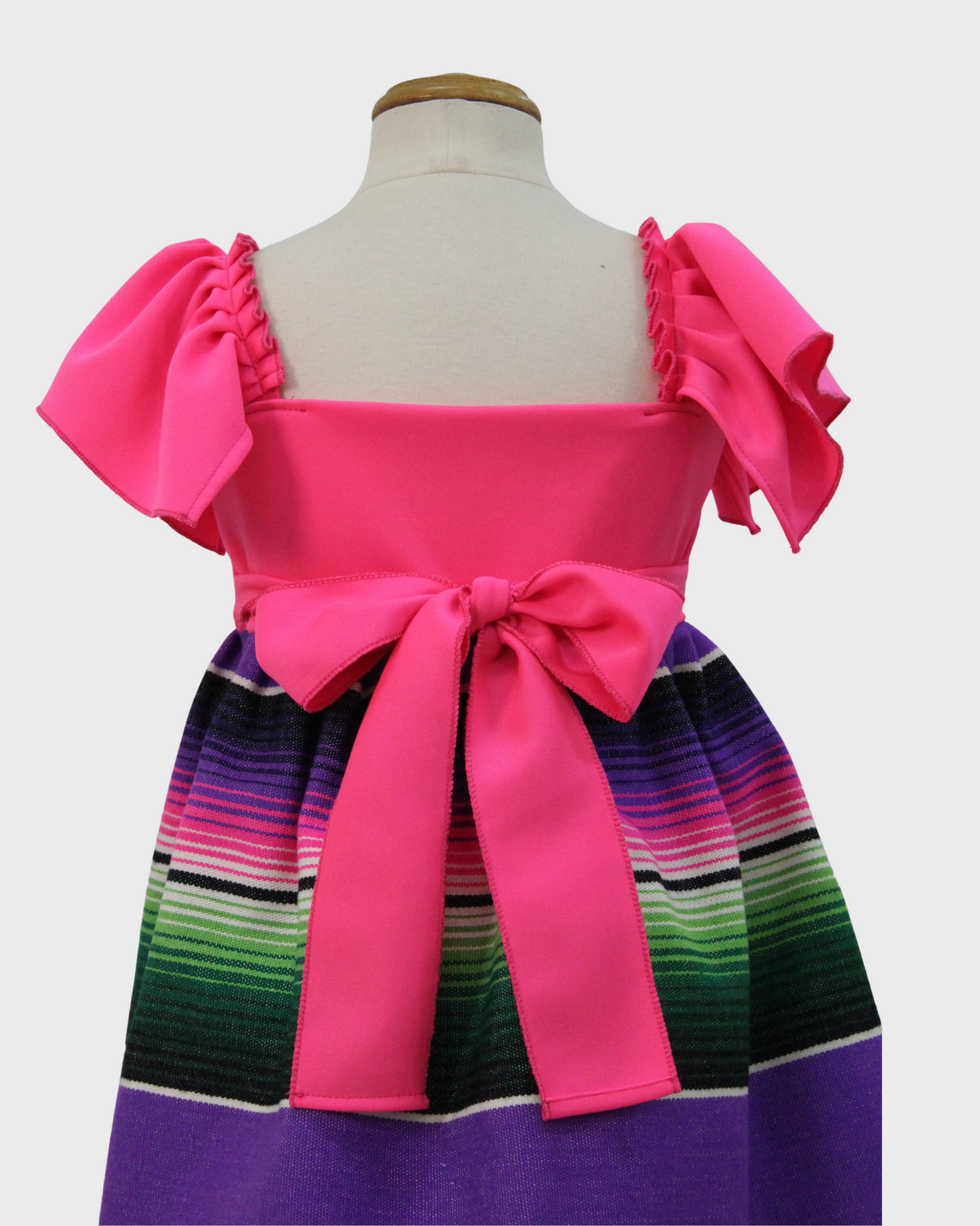 vestido patrio manga olan, tela saltillo peto rosa florescente