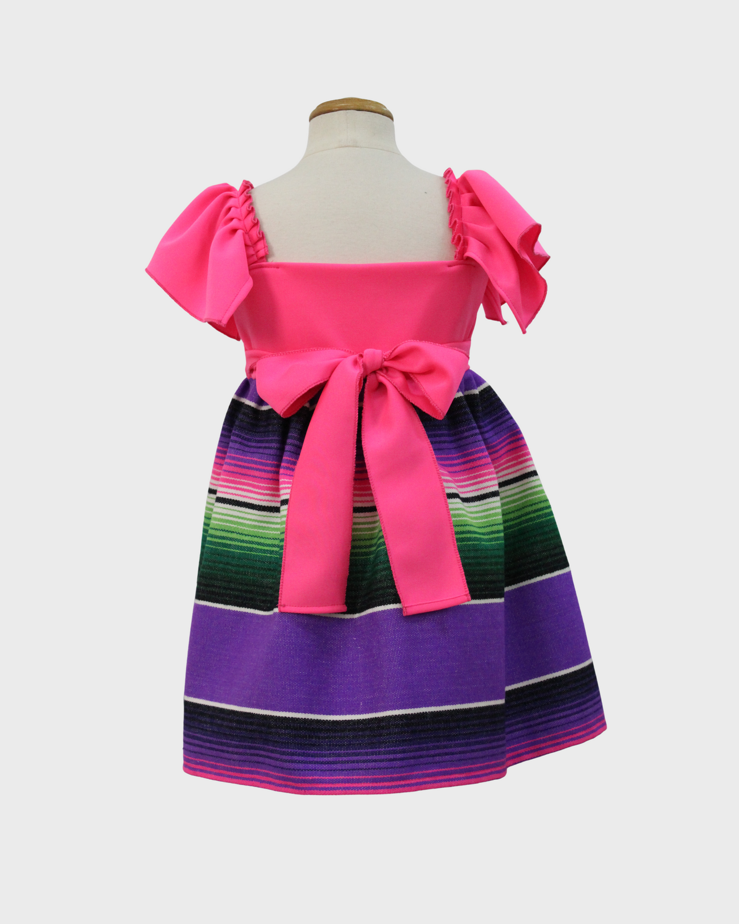 vestido patrio manga olan, tela saltillo peto rosa florescente