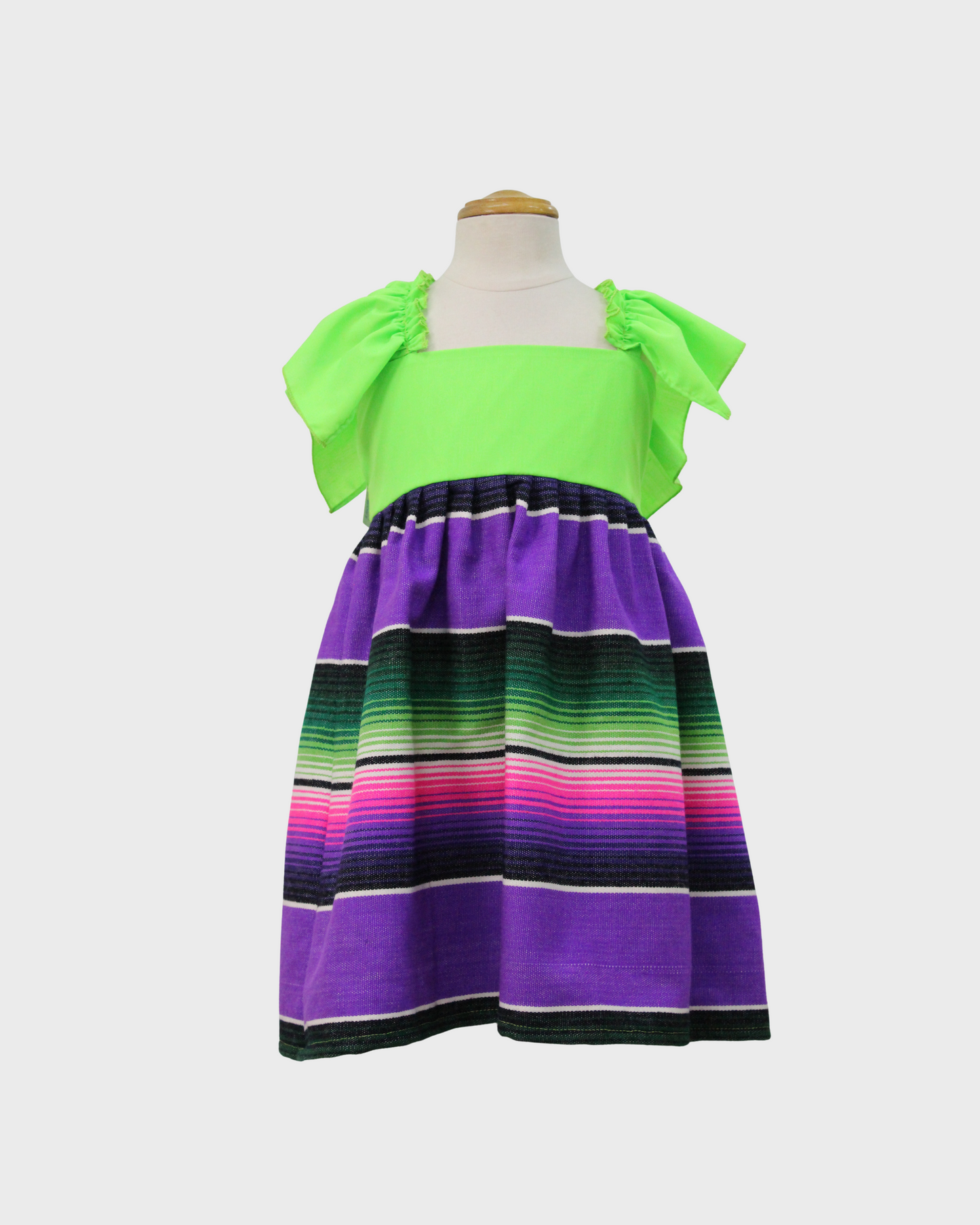 vestido patrio manga olan, tela saltillo verde florescente