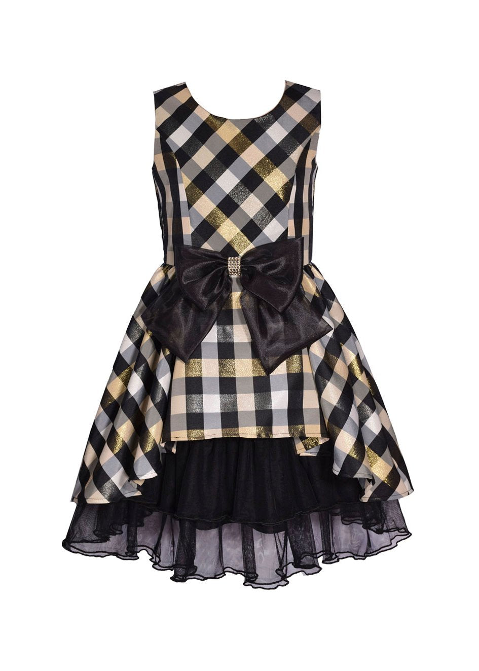 vestido a cuadros negro y dorado