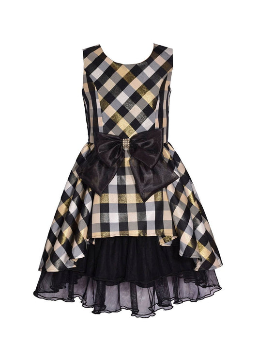 vestido a cuadros negro y dorado