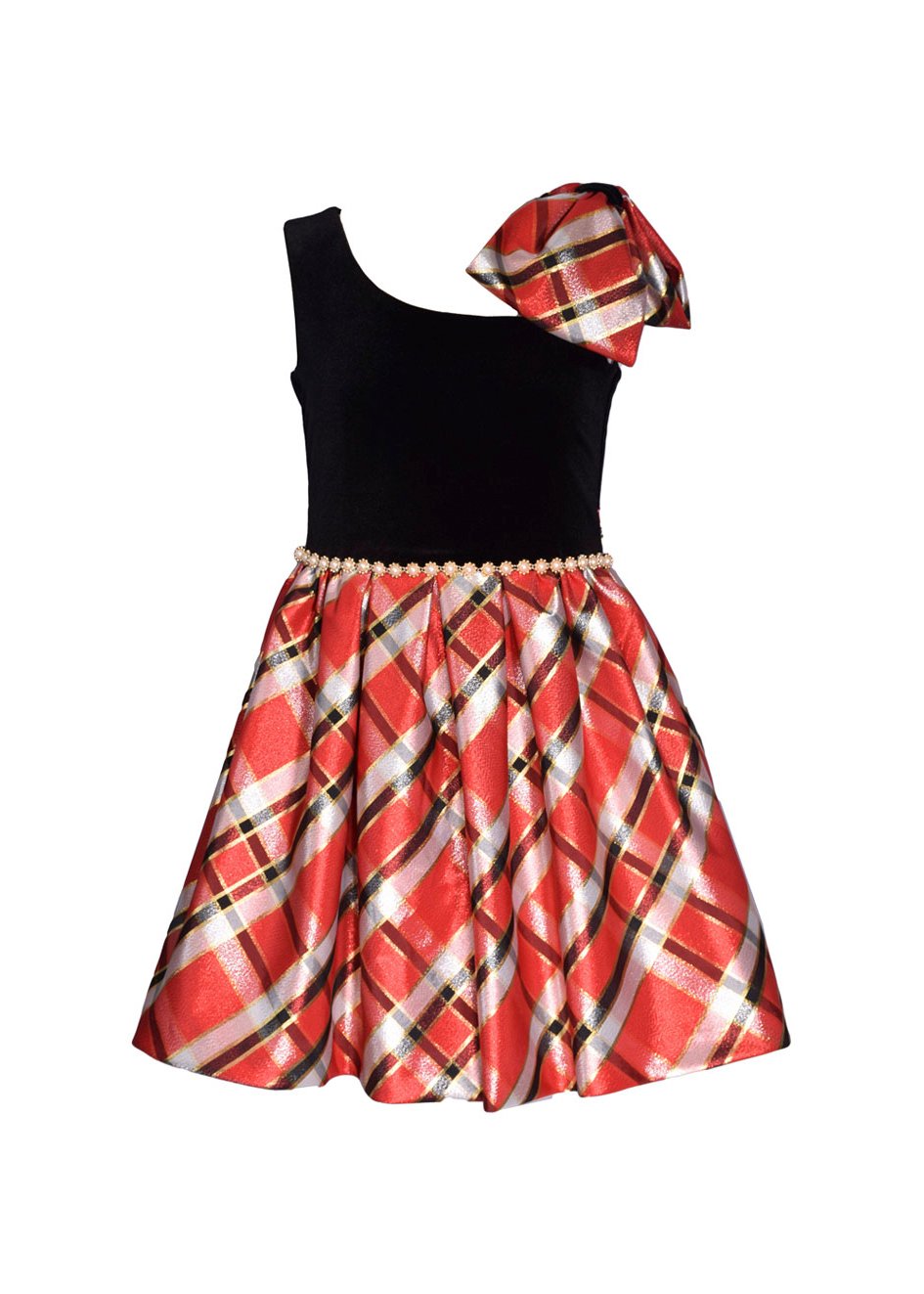 vestido a cuadros rojo, talle terciopelo negro