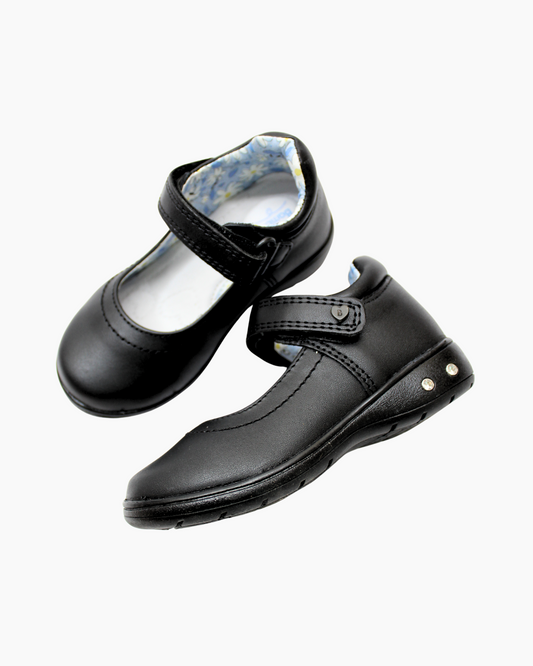 zapato escolar de piel, cierre de velcro, incrustacion piedra