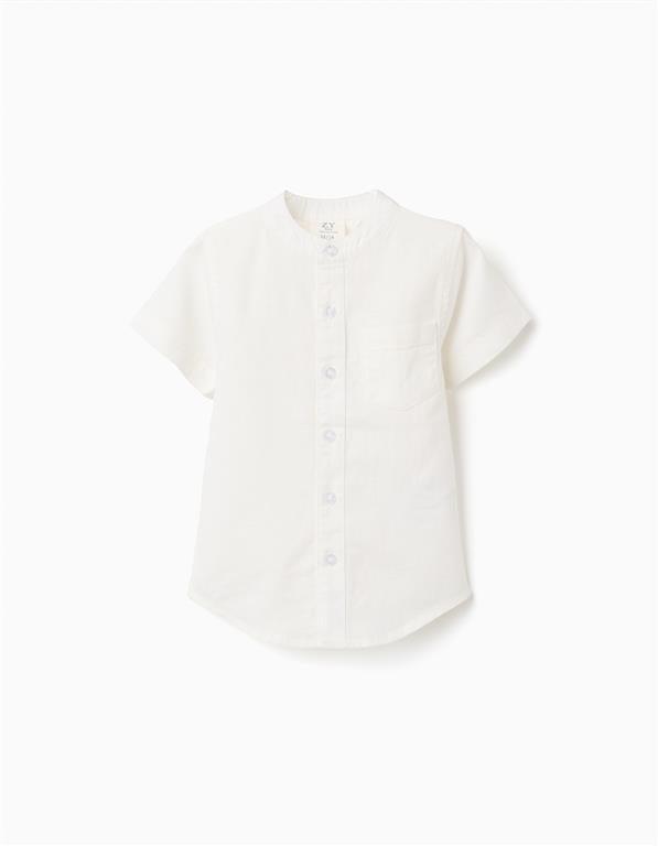 Camisa de lino y algodón con bolsillo color blanco, para bebé niño
