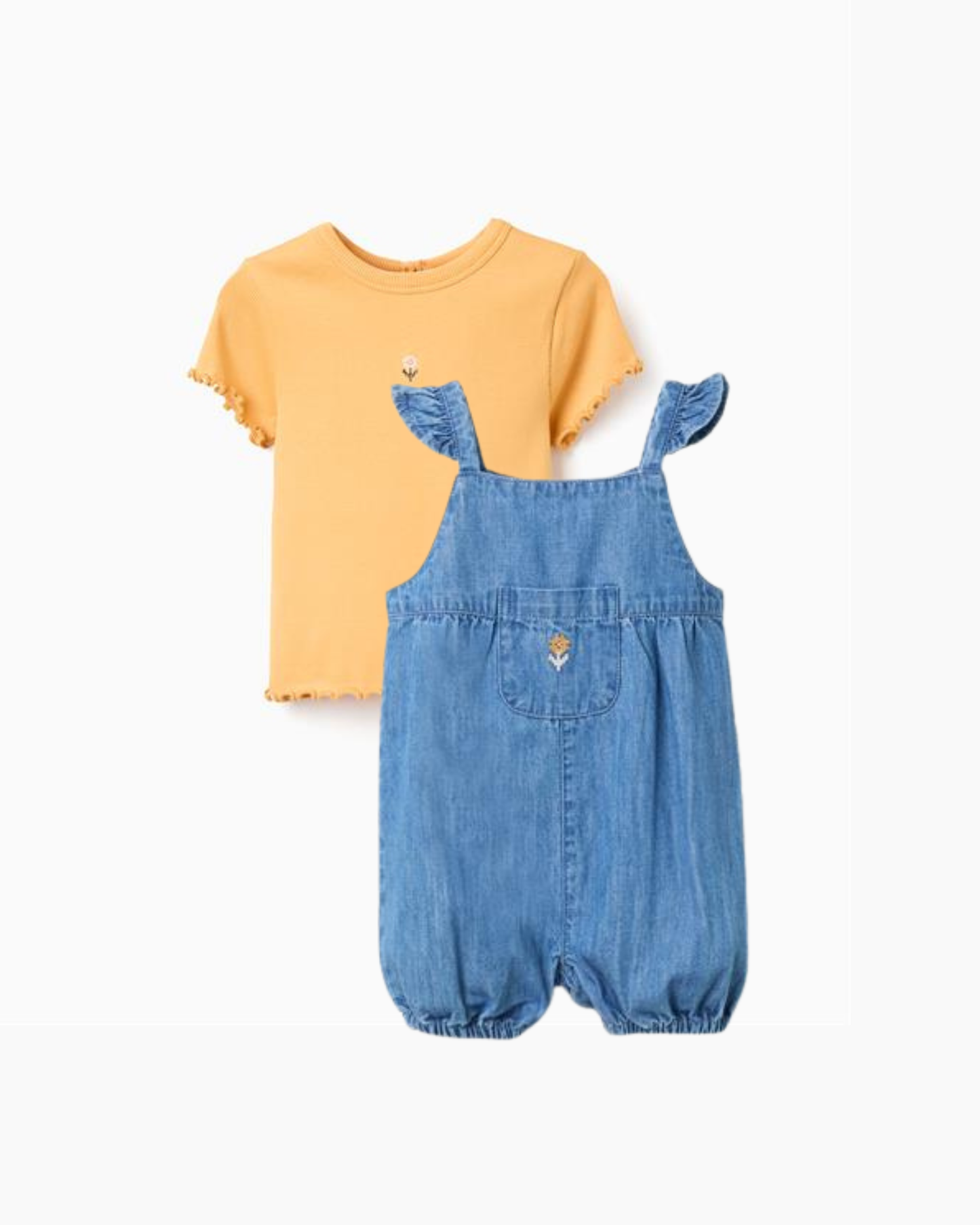 Set overol denim corto + camiseta amarillo