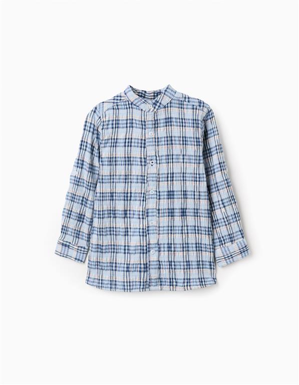 Camisa de algodón a cuadros con mangas remangables B&S para niño, azul